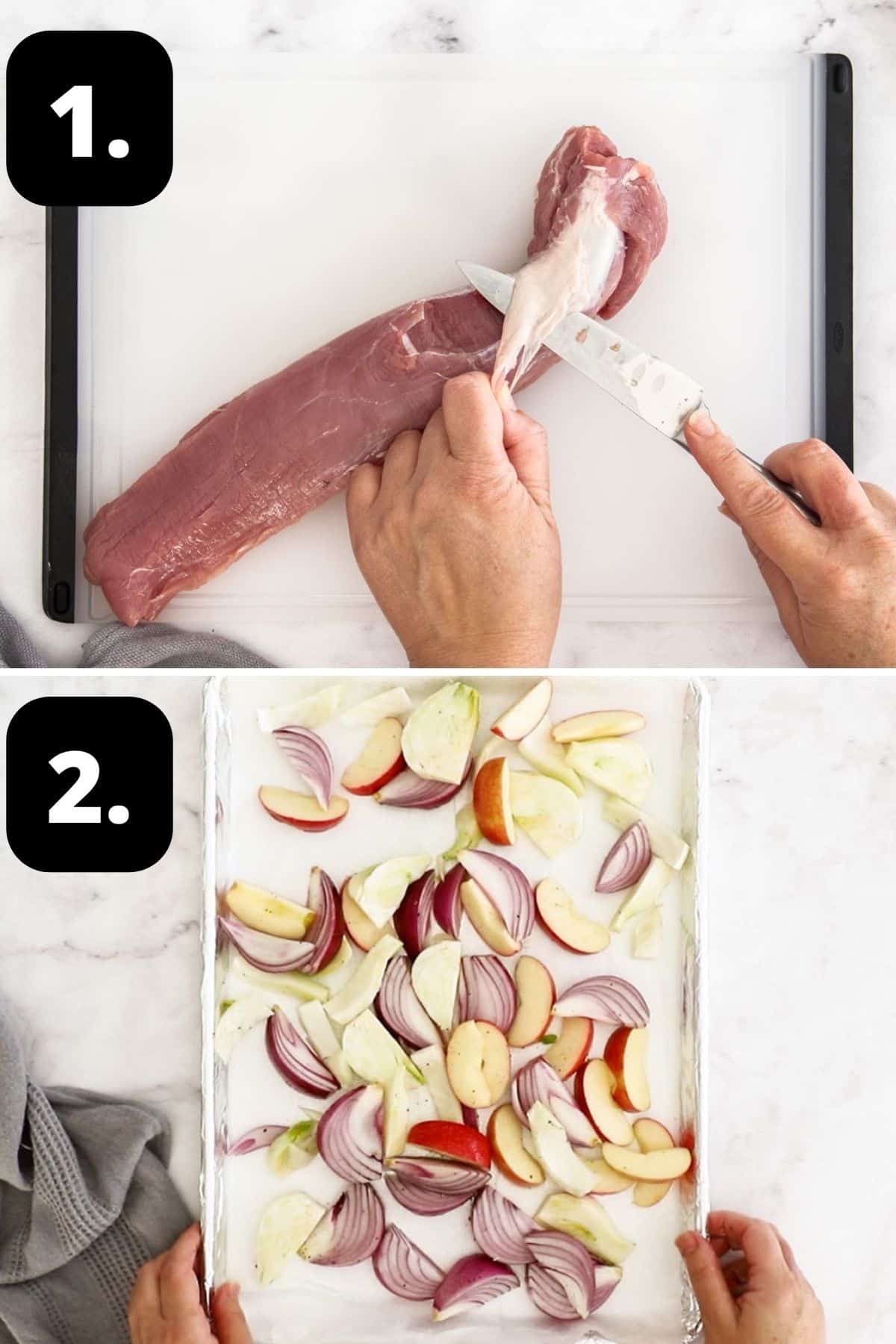 Steps 1-2 of preparing this recipe: removing silver skin from the pork and placing the vegetables on a sheet pan.