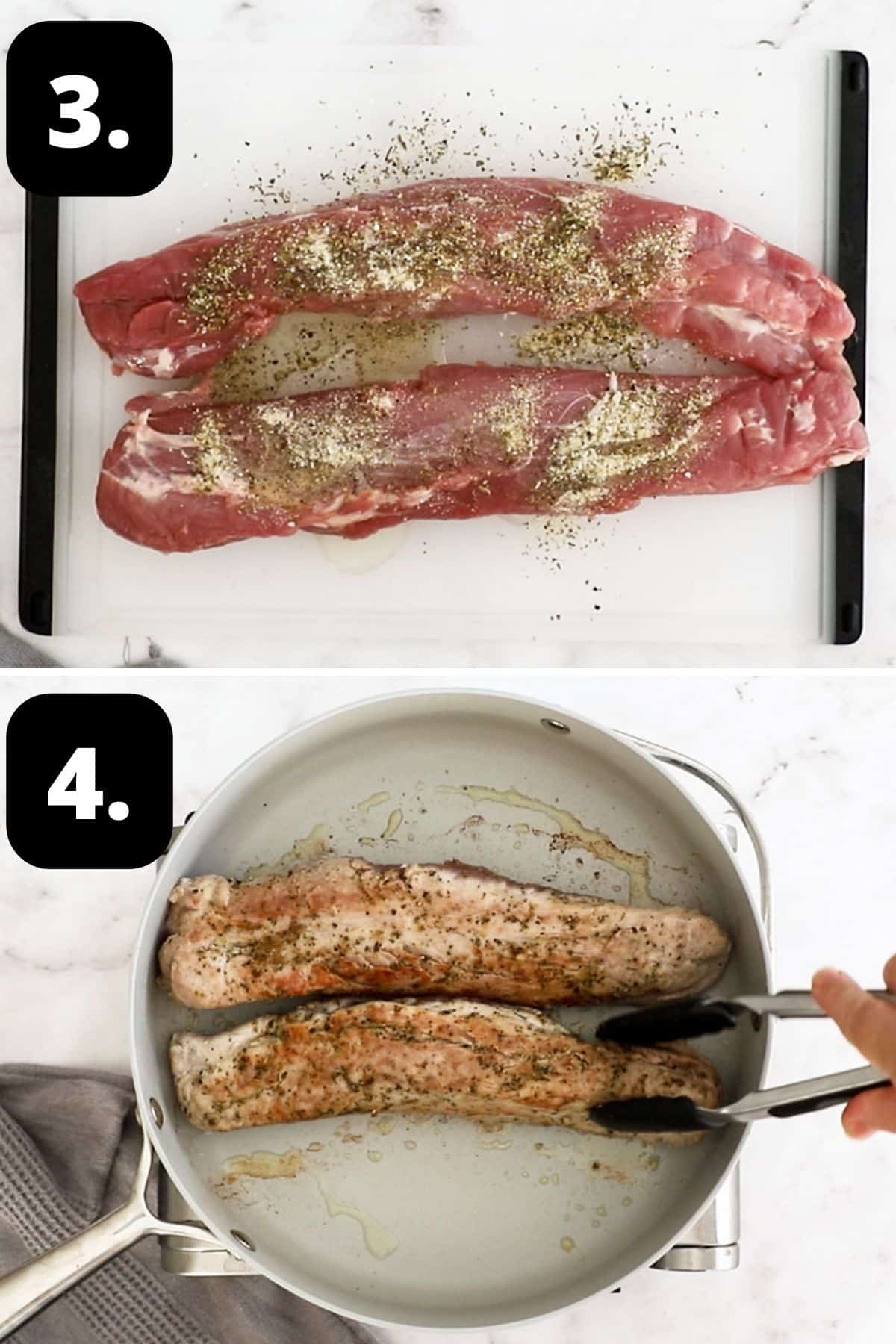 Steps 3-4 of preparing this recipe: seasoning the pork and then searing in a frying pan.
