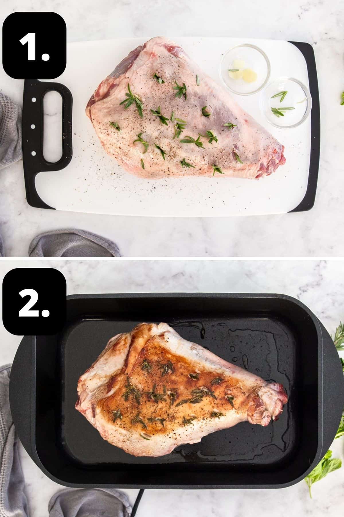 Steps 1-2 of preparing this recipe: seasoning the leg of lamb with garlic, rosemary, salt and pepper and searing it in a pan.
