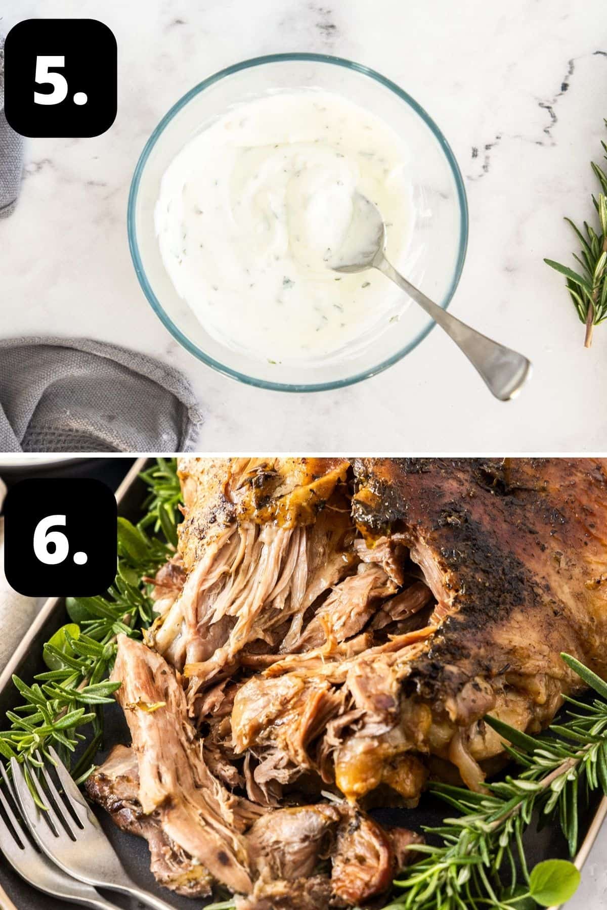 Steps 5-6 of preparing this recipe: mixing the yoghurt and mint sauce in a small bowl and shredding the lamb for serving.
