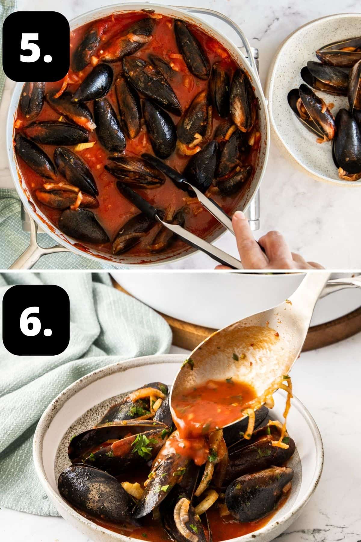 Steps 5-6 of preparing this recipe: removing the mussels as they open and are cooked, and serving the mussels.