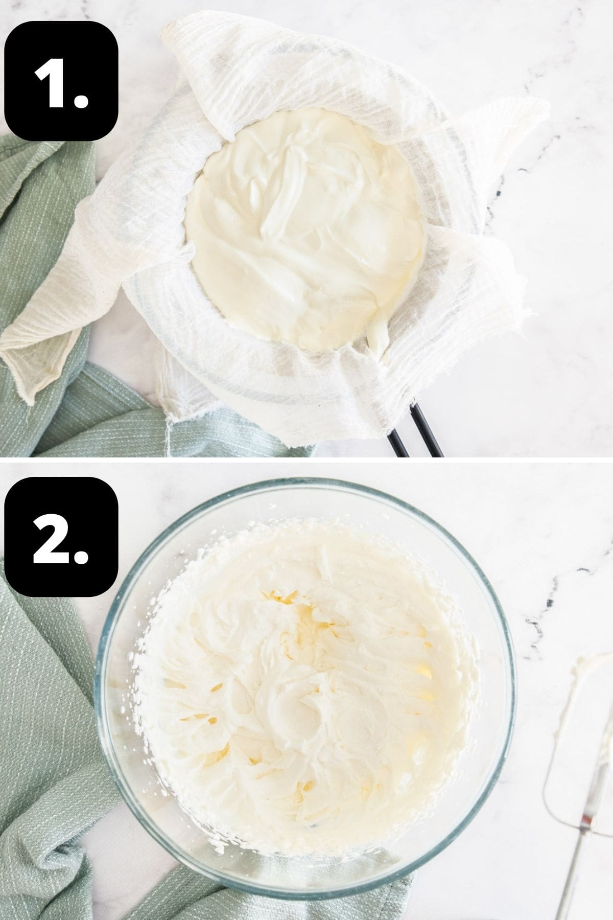 Steps 1-2 of preparing this recipe: straining the yoghurt in cheesecloth and the whipped cream in a separate bowl.