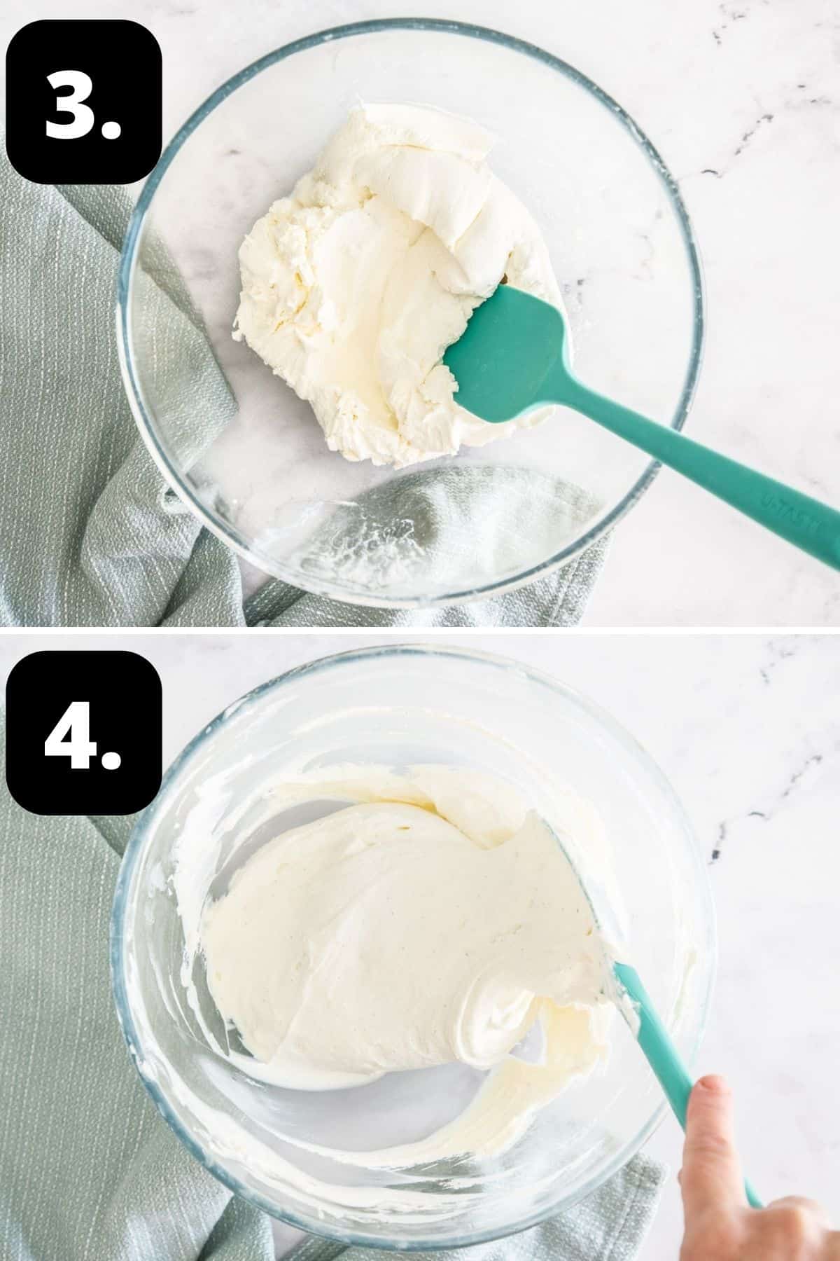Steps 3-4 of preparing this recipe: the strained yoghurt in a bowl and folding in the whipped cream with the yoghurt.