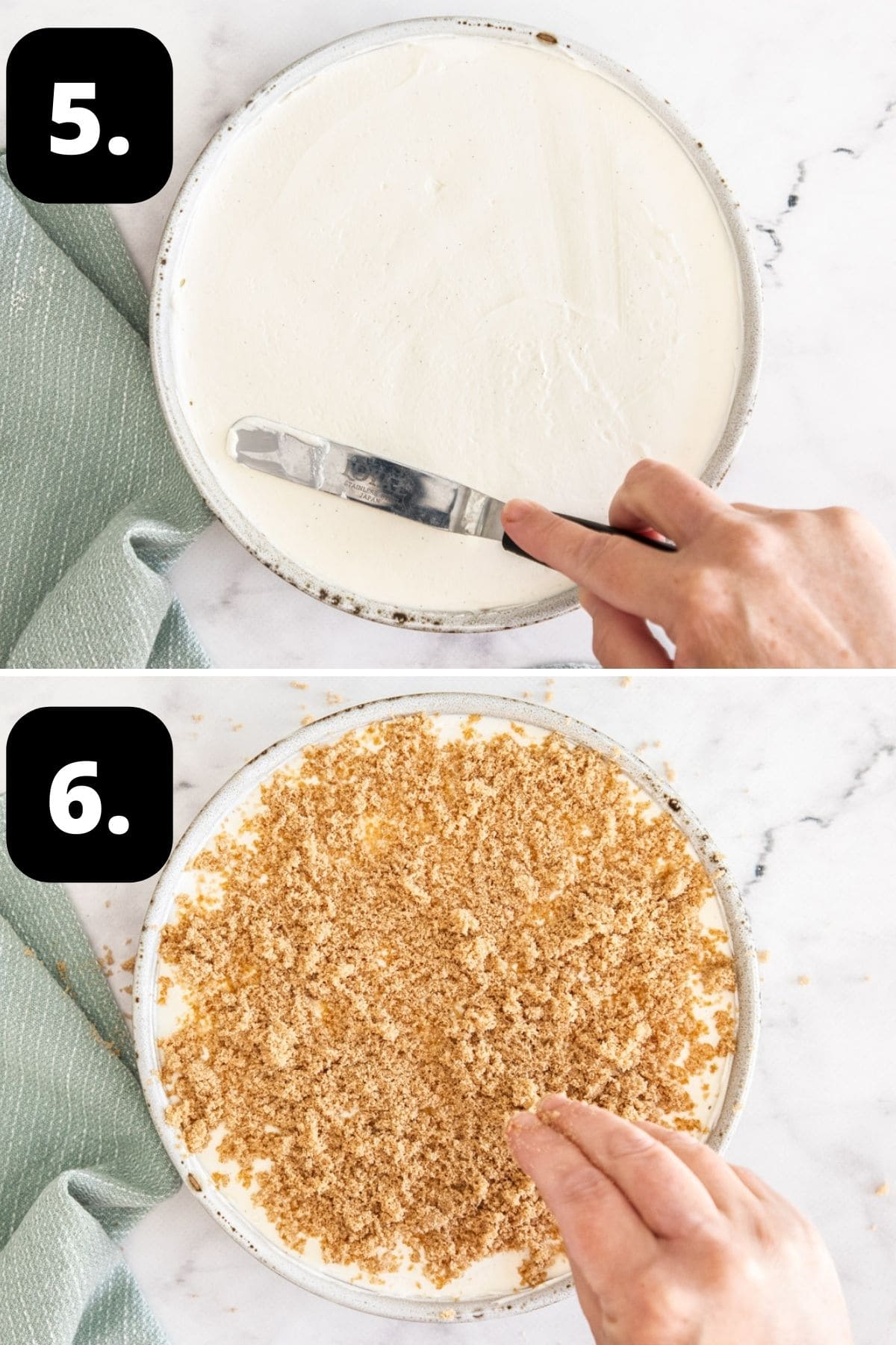 Steps 5-6 of preparing this recipe: smoothing out the yoghurt cream mixture in a dish and topping the dish with brown sugar.