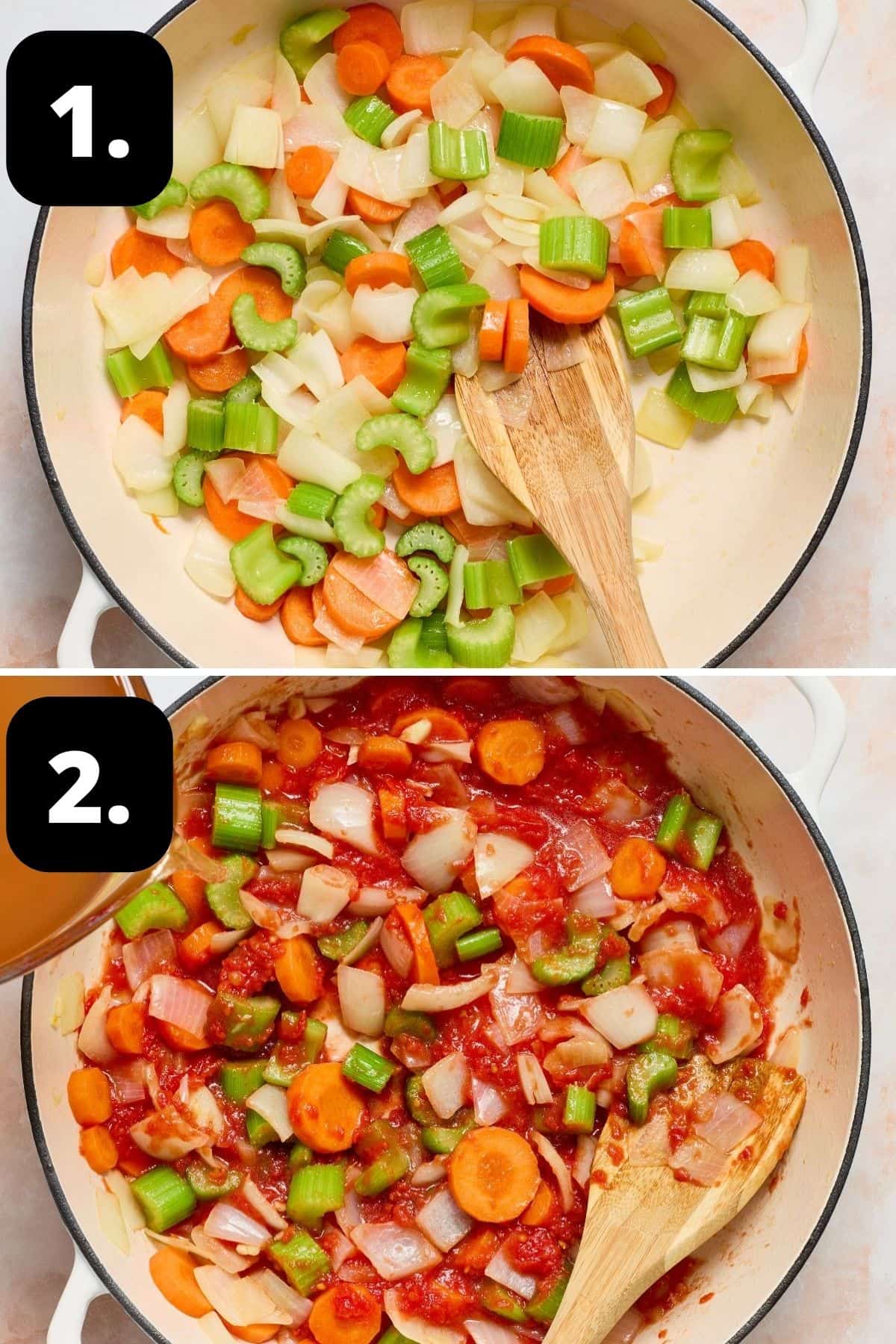 Steps 1-2 of preparing this recipe: sautéing the carrot, celery and onion and adding in the tomato.