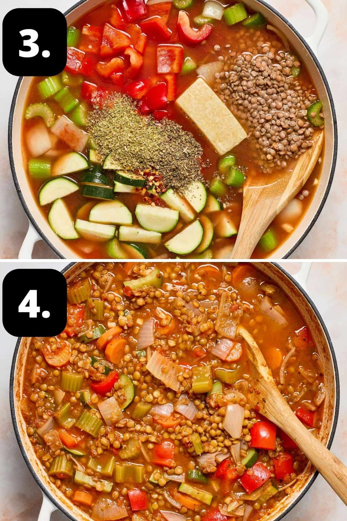 Steps 3-4 of preparing this recipe: the stock and seasonings added to the dish and the cooked stew.