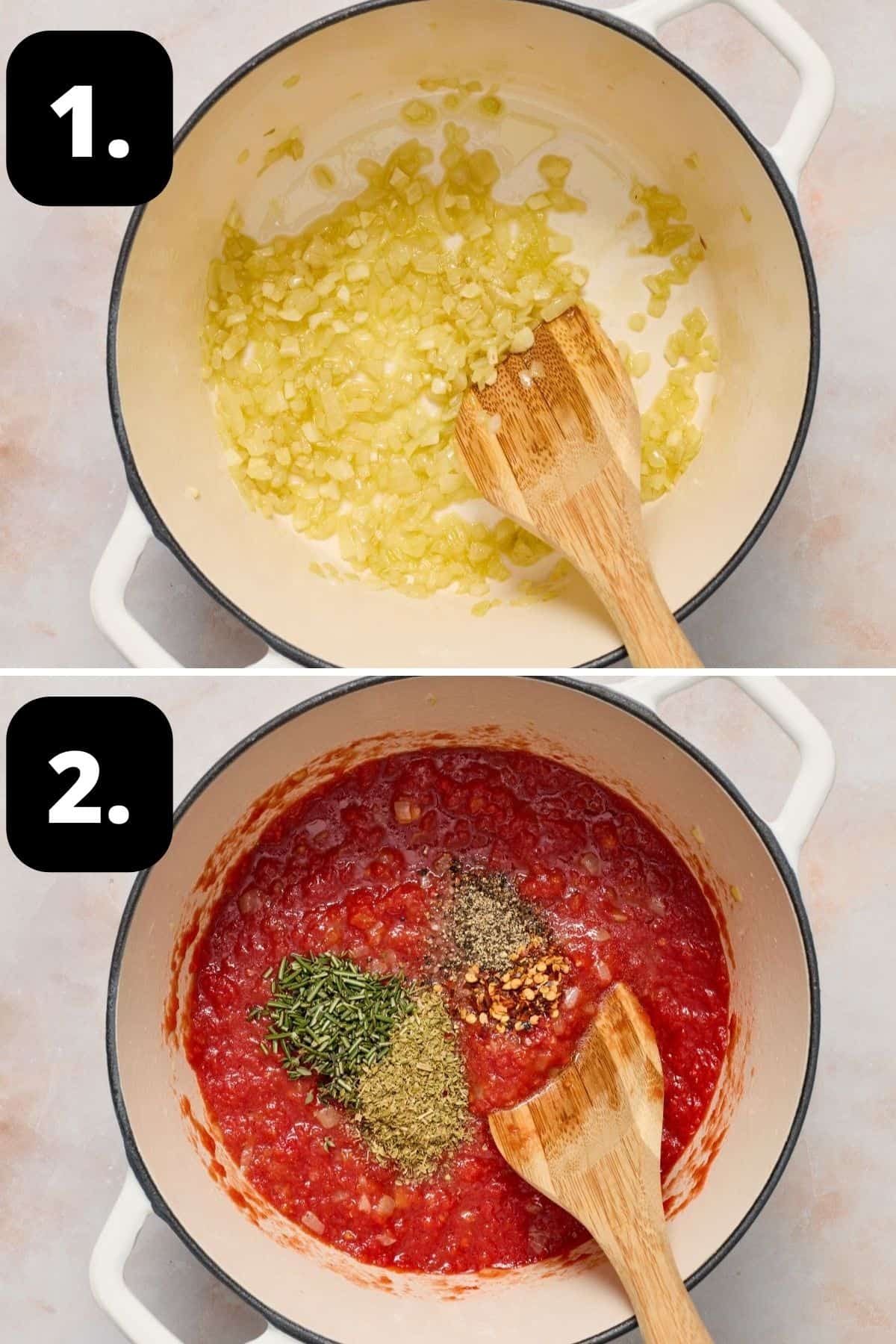 Steps 1-2 of preparing this recipe: cooking the onion in a saucepan and adding in the tomato and seasonings.
