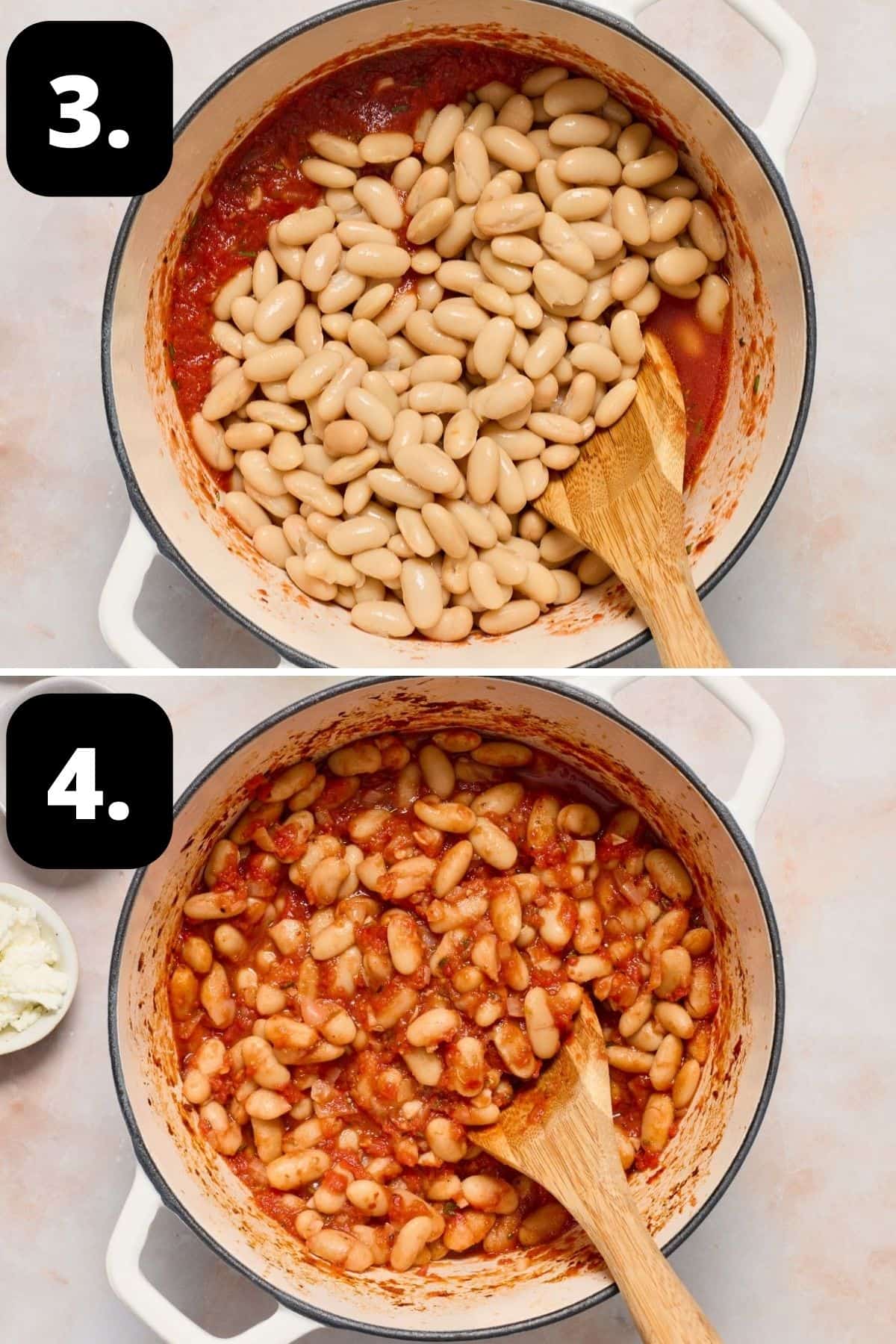Steps 3-4 of preparing this recipe: the beans added to a tomato sauce and the cooked dish ready for serving.