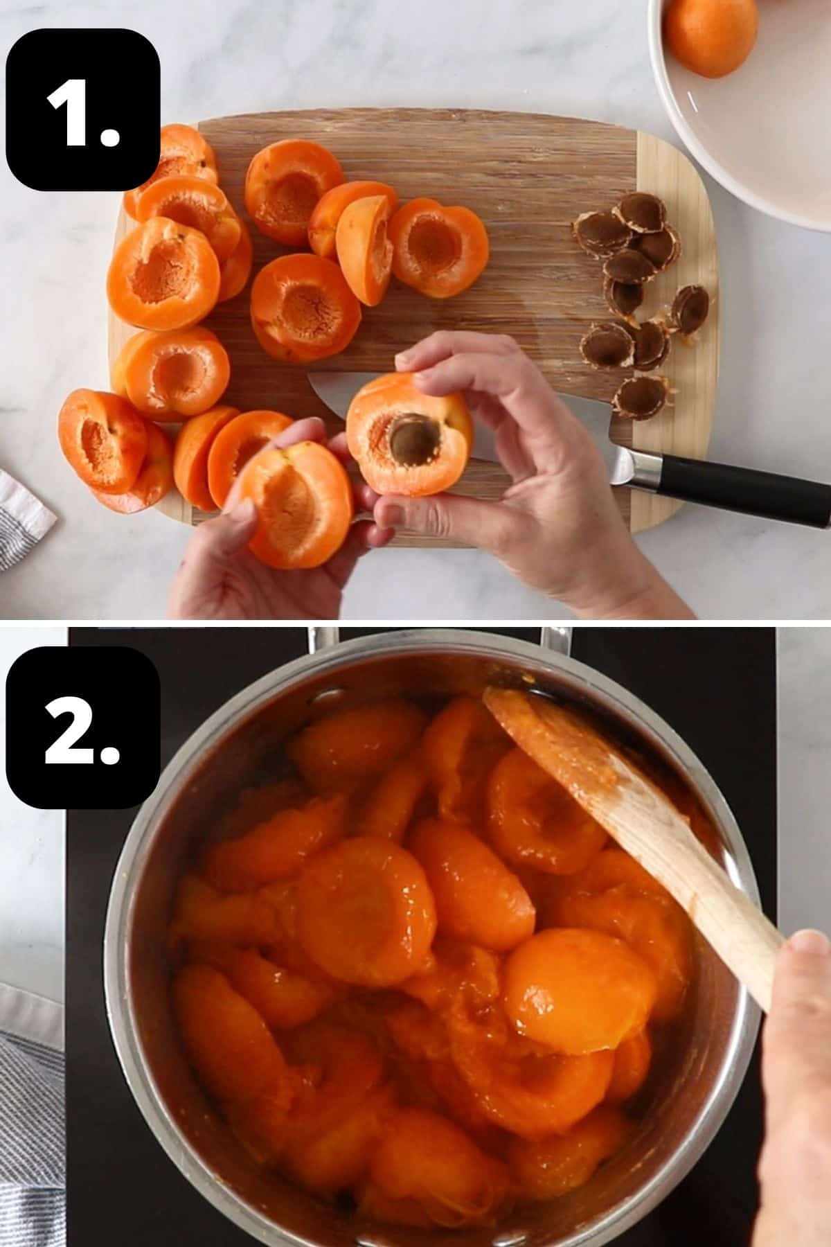 Steps 1-2 of preparing this recipe - slicing the apricots and starting the cooking process in a large saucepan.