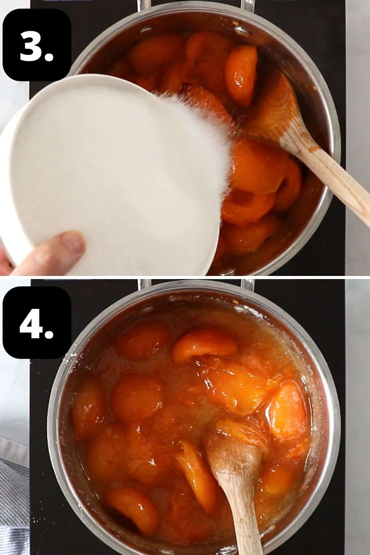 Steps 3-4 of preparing this recipe - adding the sugar to the apricots and stirring to disolve.