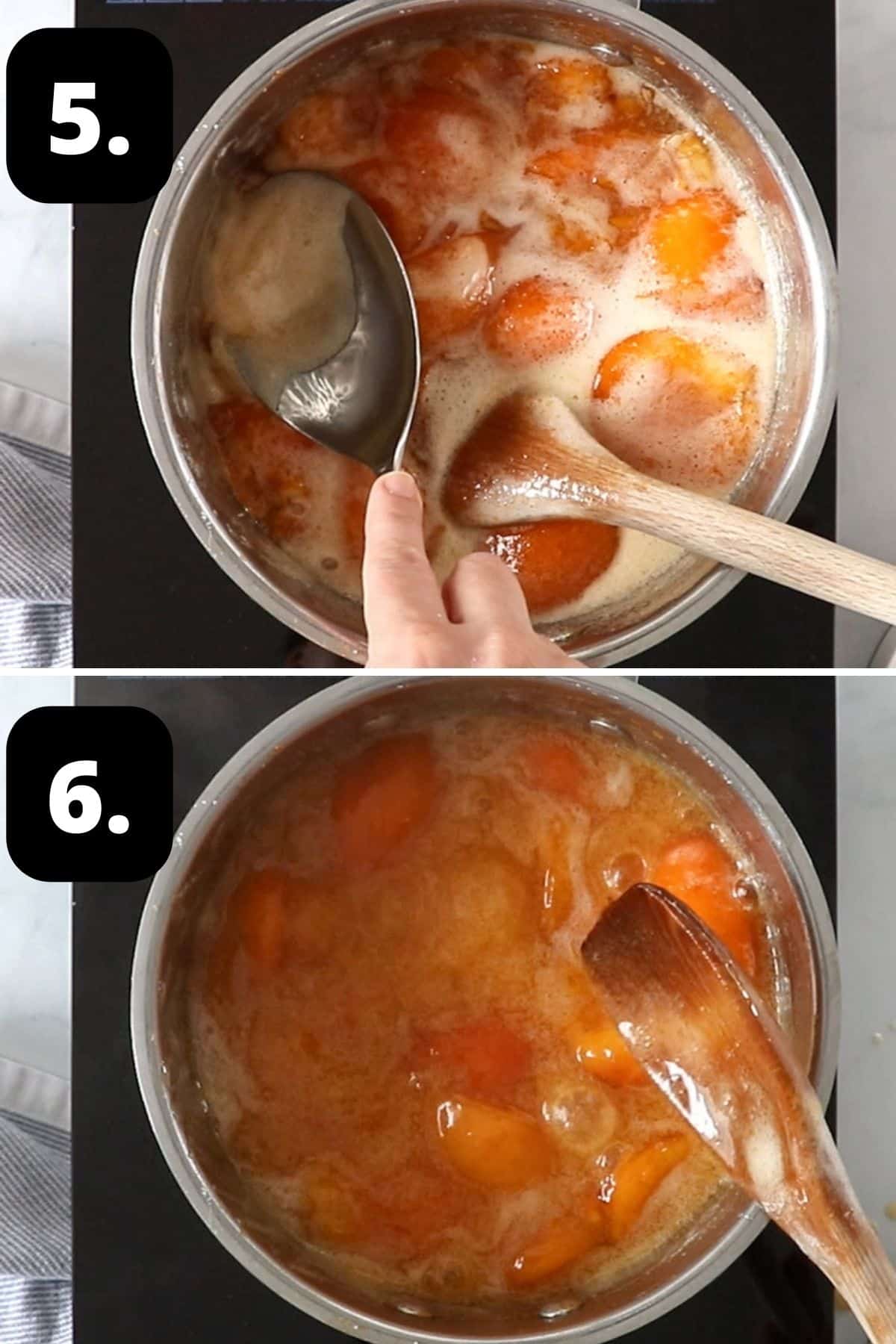 Steps 5-6 of preparing this recipe - skimming any foam from the jam and the fruit cooking.