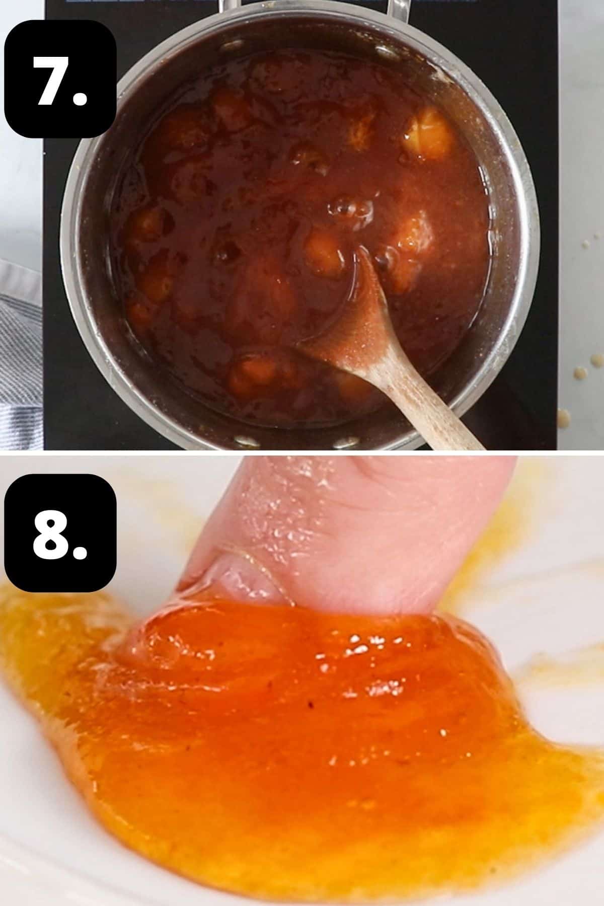 Steps 7-8 of preparing this recipe - the cooked jam and doing the wrinkle test to ensure it has reached setting point.