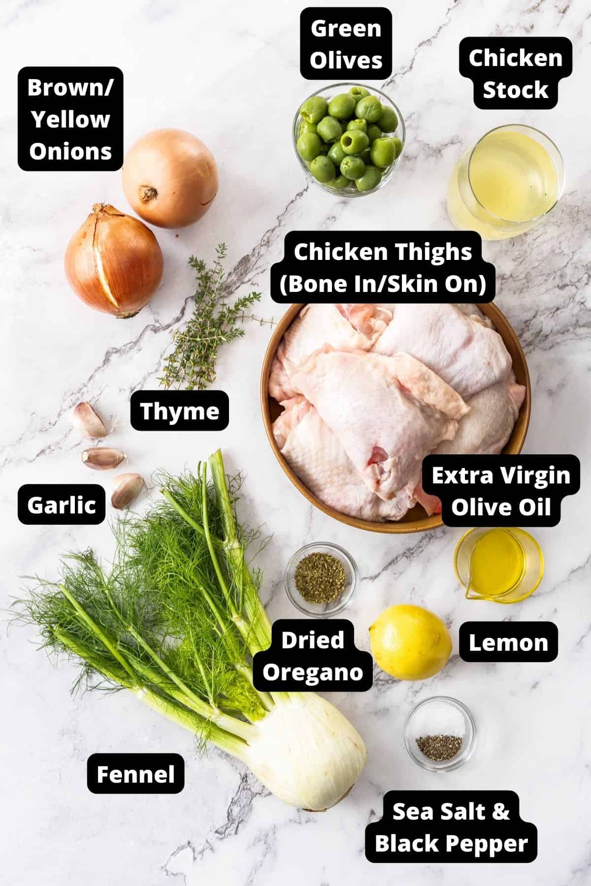 Ingredients in this recipe on a white marble background.