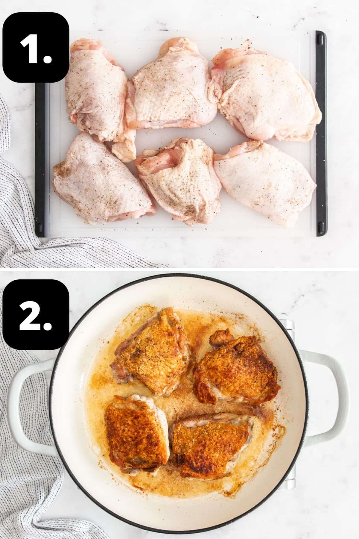 Steps 1-2 of preparing this recipe - seasoning the chicken thighs and browning them in a large frying pan.