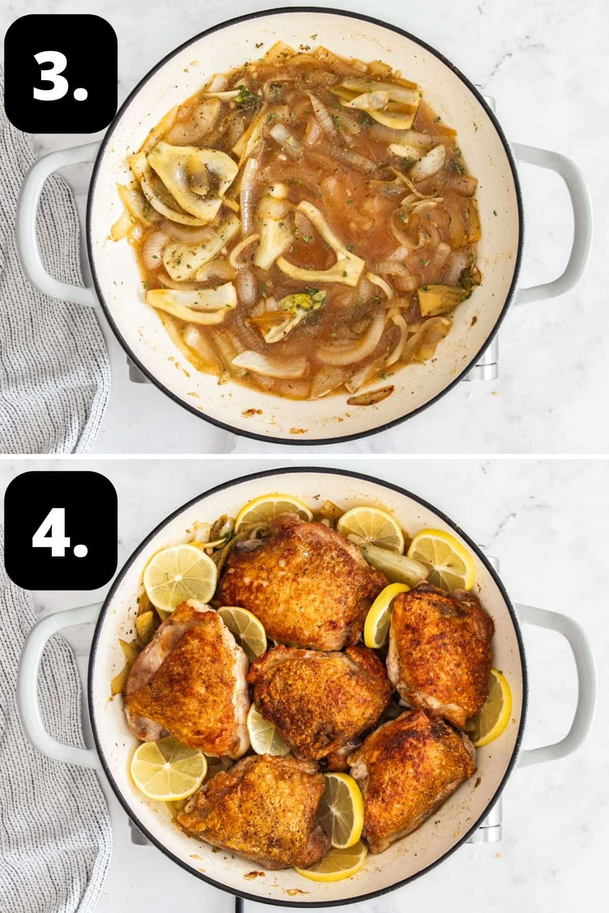 Steps 3-4 of preparing this recipe - the cooked onion, fennel and stock mixture and adding the chicken and lemon to the dish.