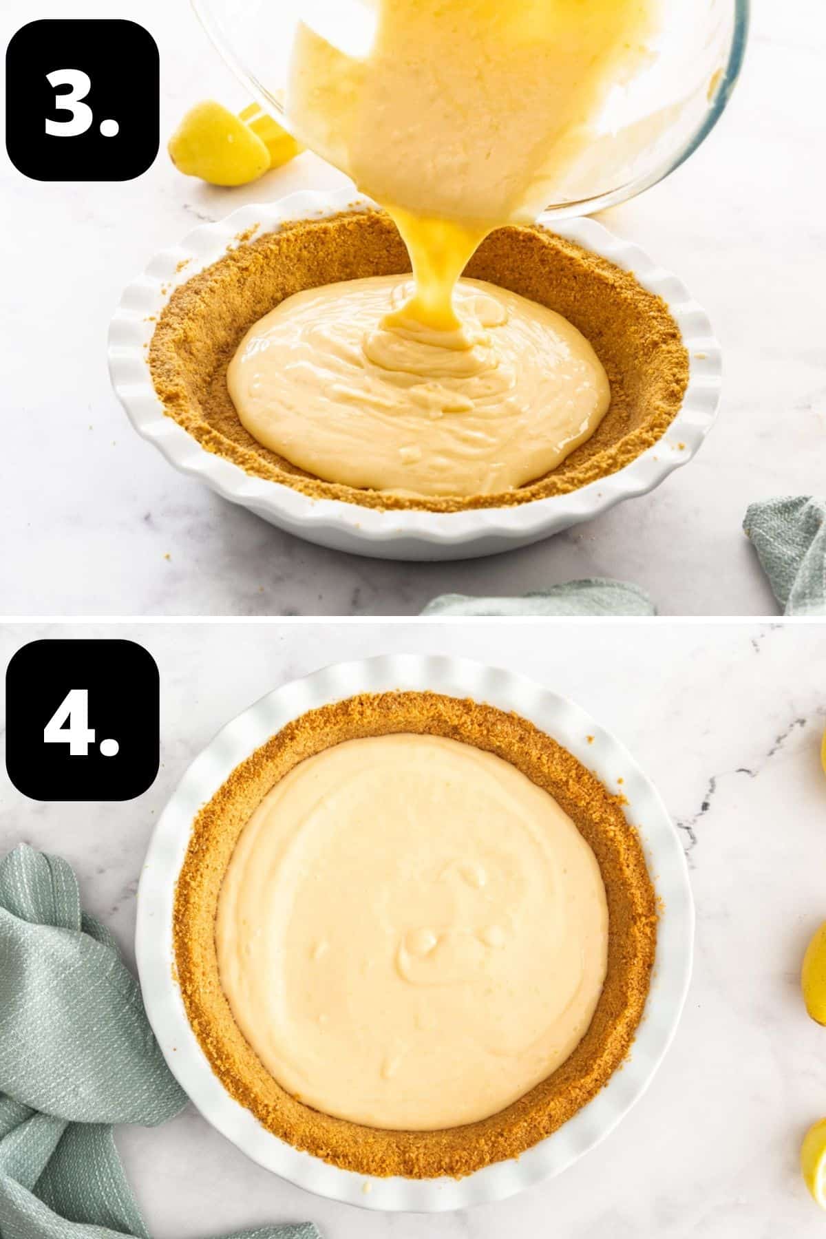 Steps 3-4 of preparing this recipe - adding the lemon filling to the pie dish and the pie ready for baking.