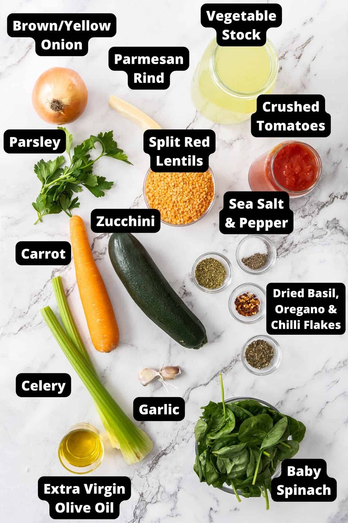 Ingredients in this recipe on a white marble background.