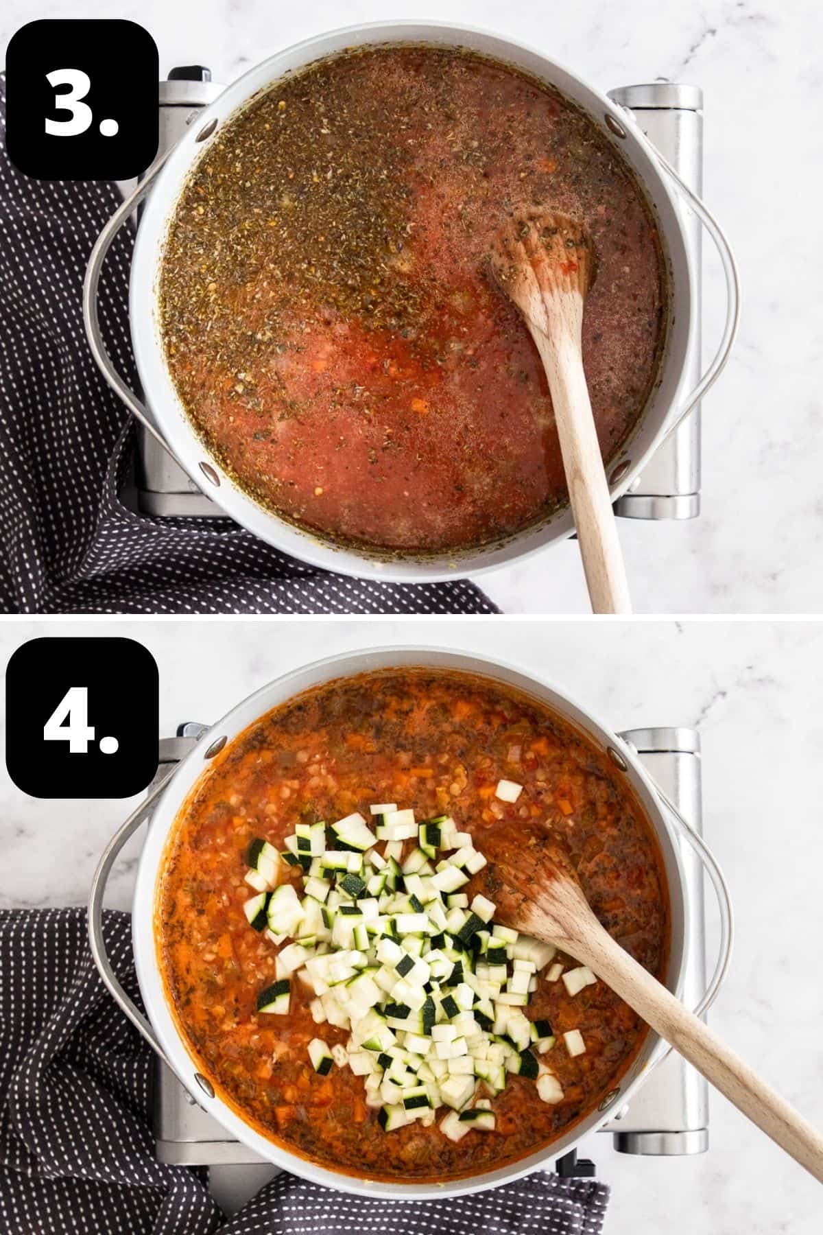 Steps 3-4 of preparing this recipe: adding in the seasonings and lentils and lastly the chopped zucchini.