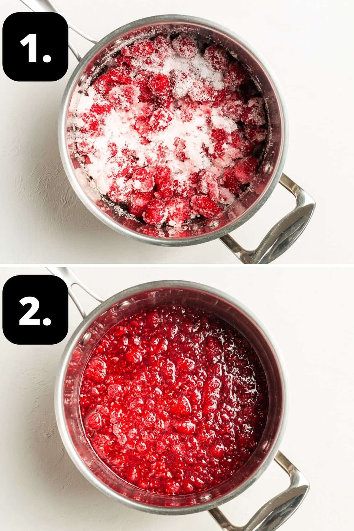 Steps 1-2 of preparing this recipe - the ingredients in the saucepan and the fruit once the sugar has dissolved.