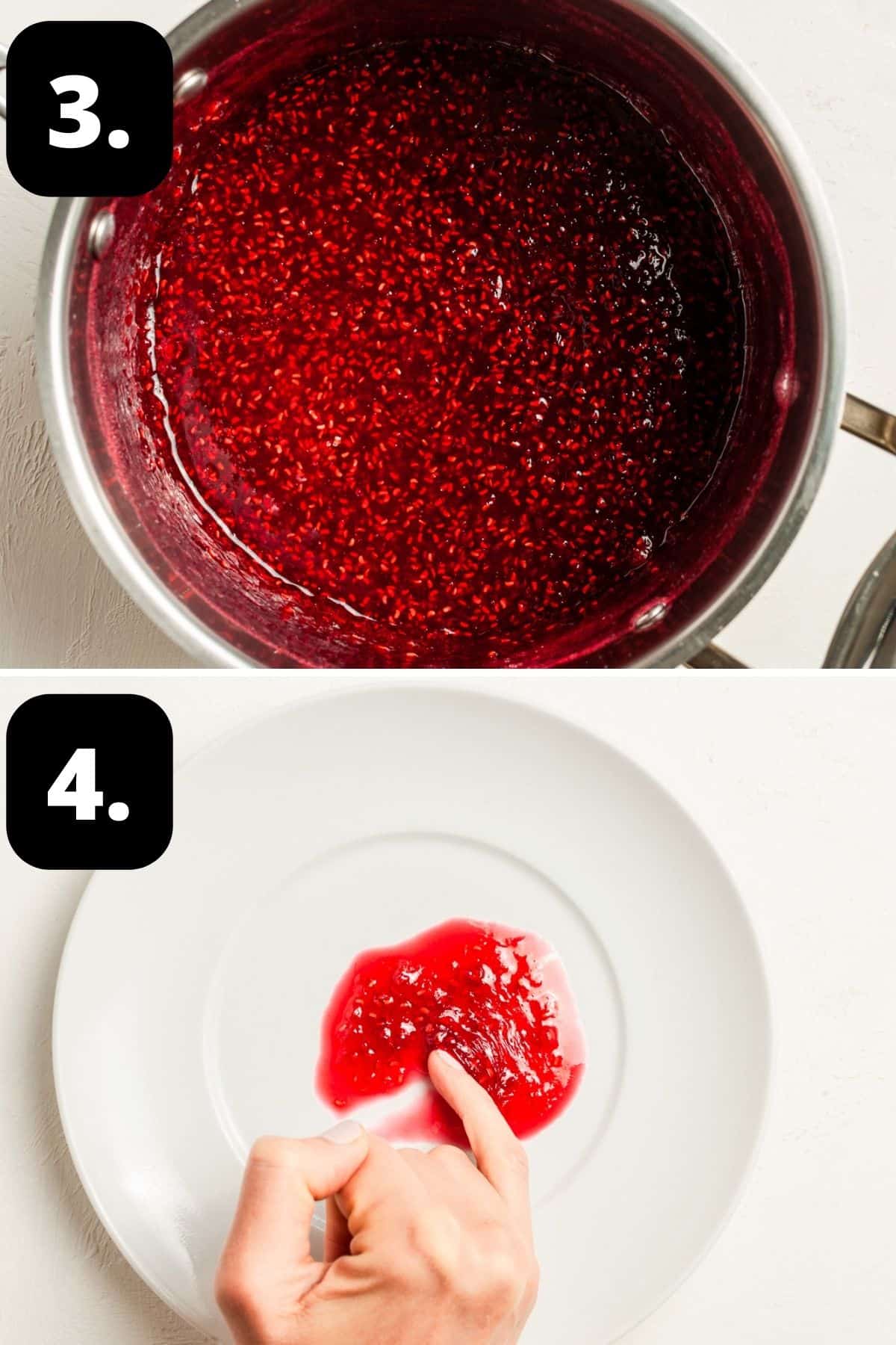 Steps 3-4 of preparing this recipe - the cooked jam and doing the wrinkle test to ensure it has reached setting point.