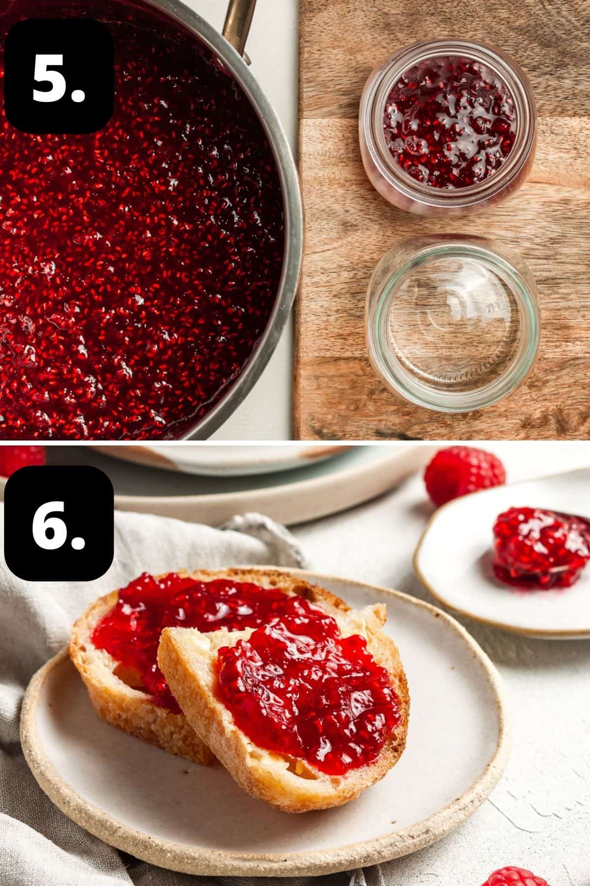 Steps 5-6 of preparing this recipe - adding the jam into clean jars and enjoying some jam on fresh bread.