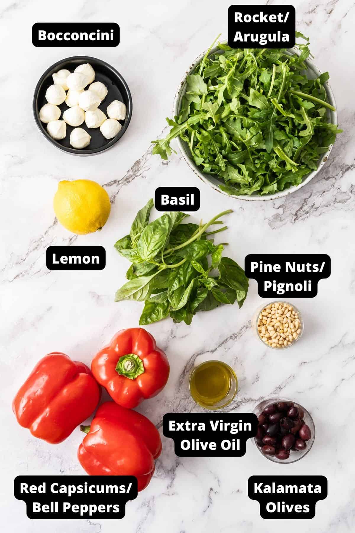 Ingredients in this recipe on a white marble background.