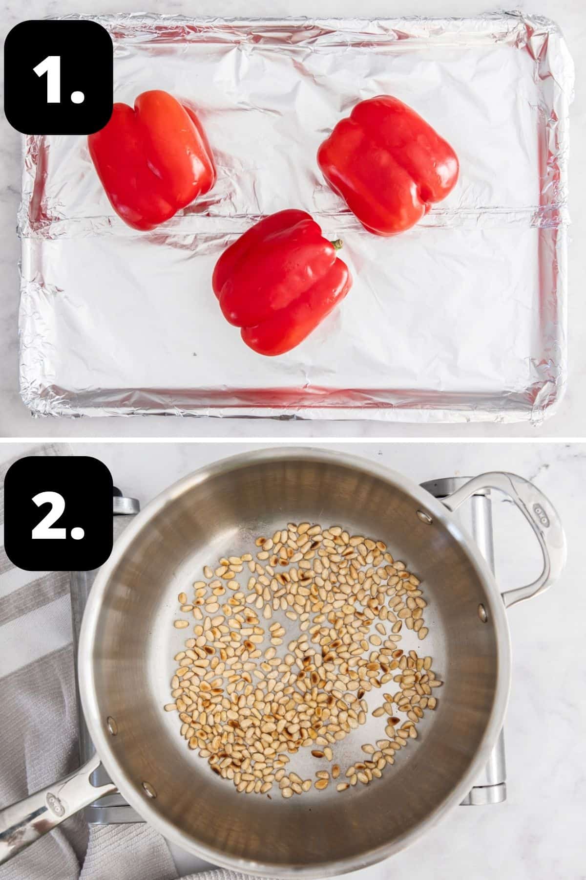 Steps 1-2 of preparing this recipe - roasting the peppers on a foil lined sheet tray and toasting the pine nuts in a pan.