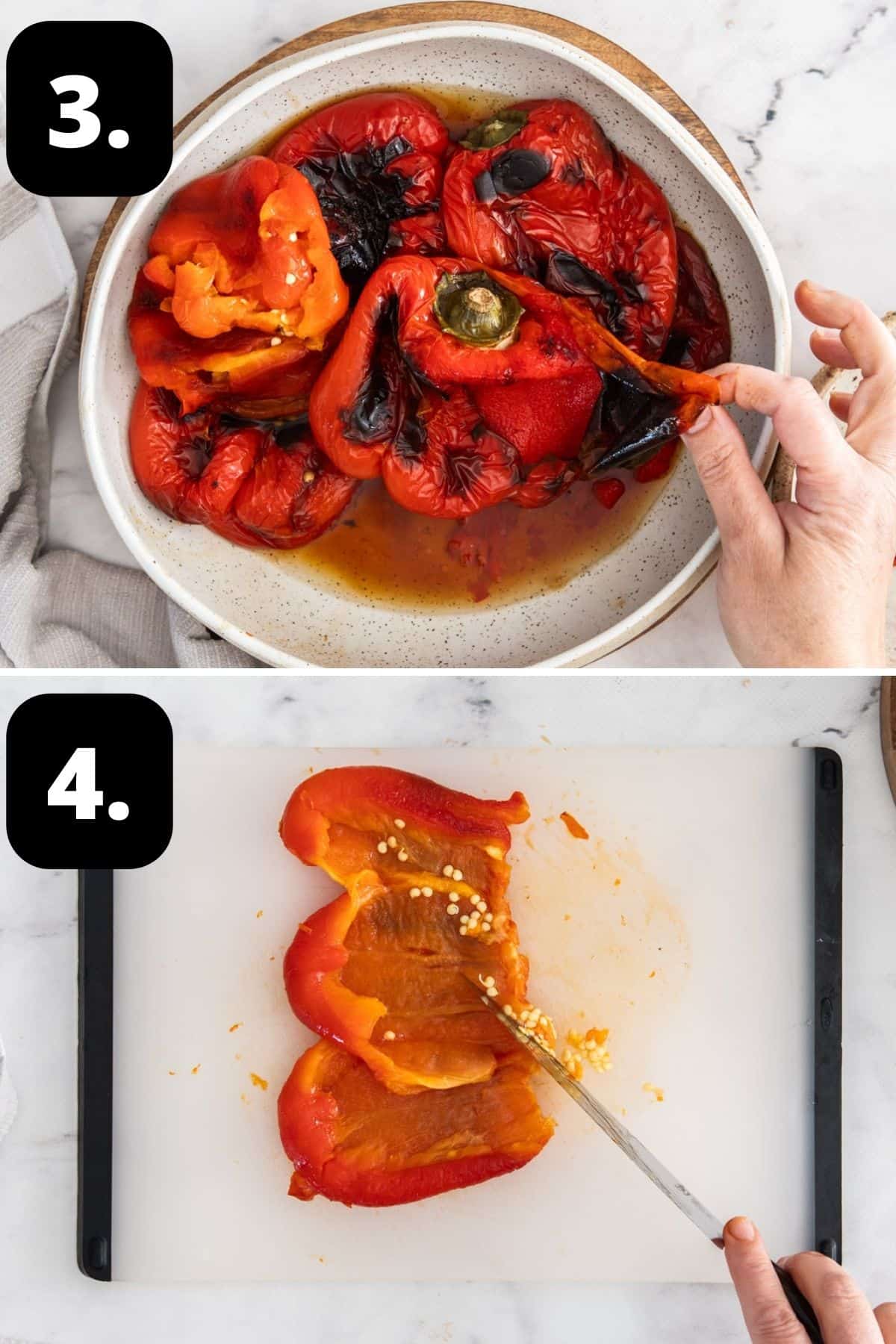 Steps 3-4 of preparing this recipe - peeling the skin from the roasted peppers and starting to slice them on a chopping board.