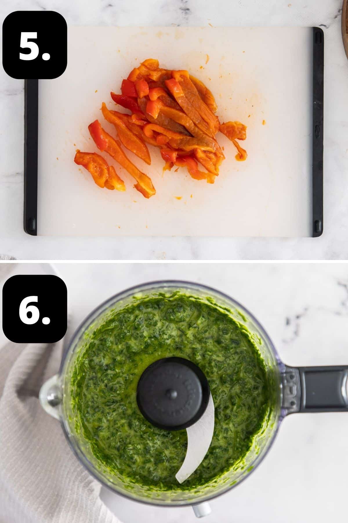 Steps 5-6 of preparing this recipe - sliced peppers on a chopping board and making the basil oil in a small food processor.