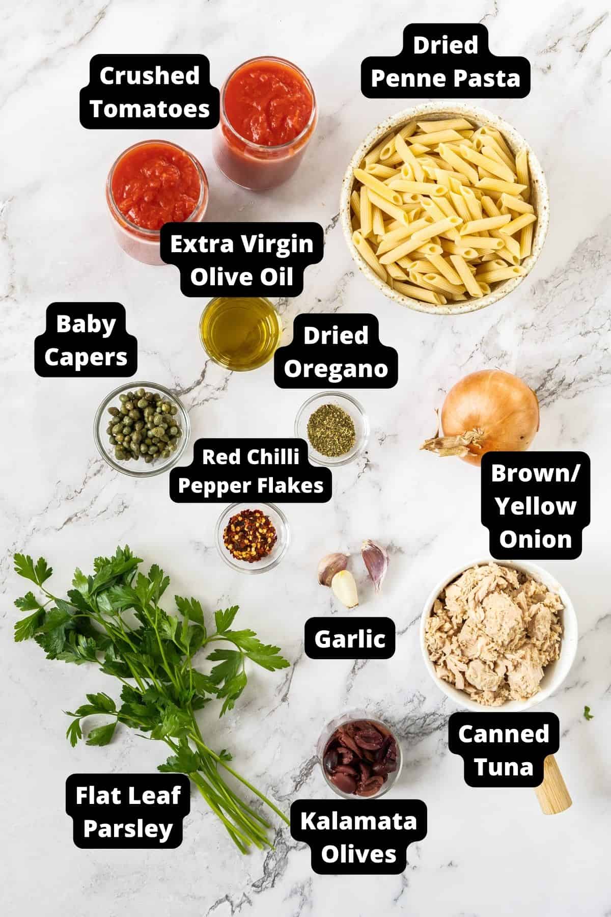 Ingredients in this recipe on a white marble background.