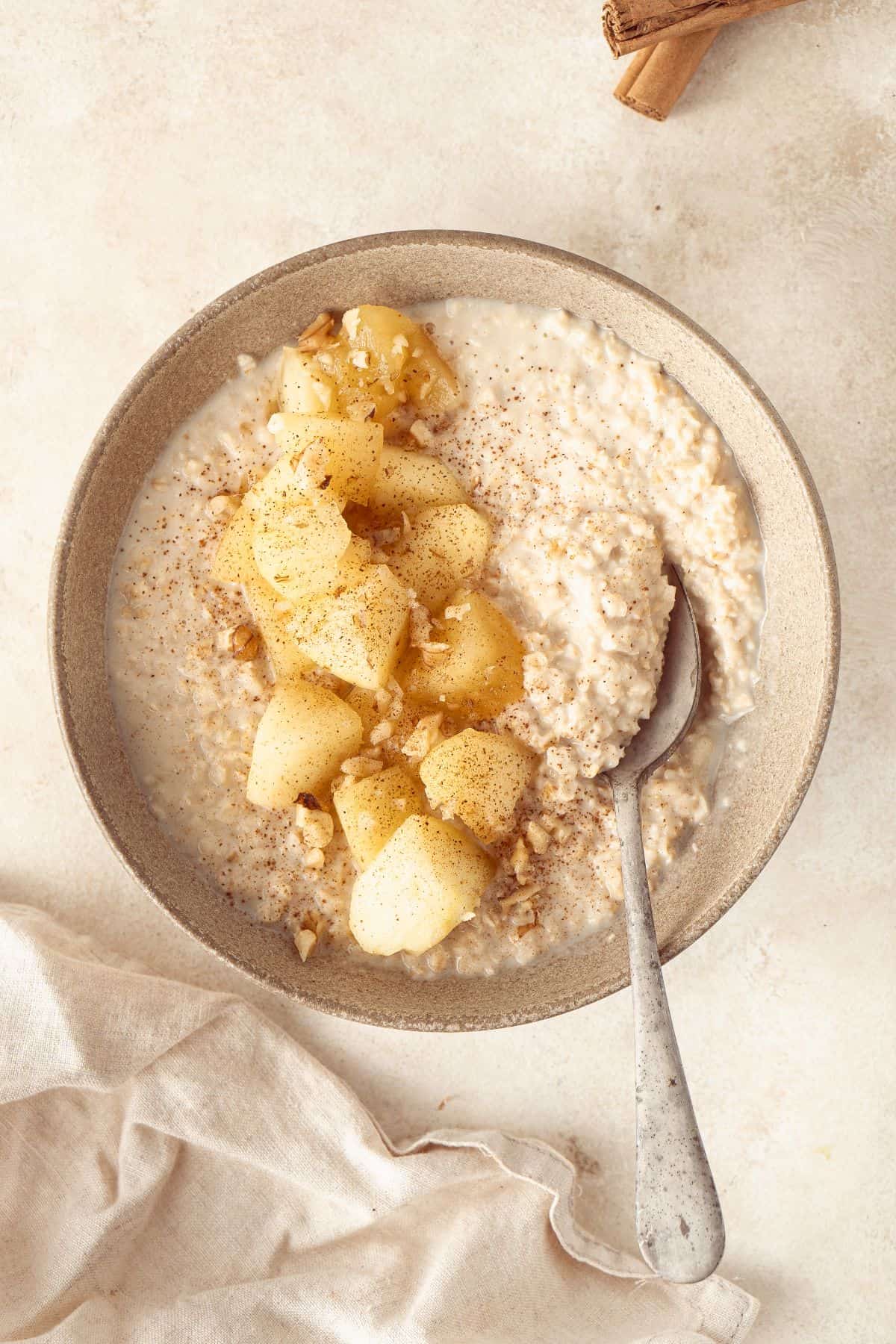 Bowl of oatmeal with a topping of Stewed Apples and a sprinkle of ground cinnamon, and a spoon sitting in it.