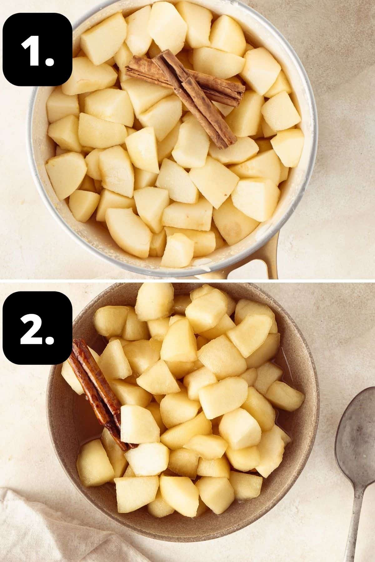 Steps 1-2 of preparing this recipe: the apples in a saucepan ready for stewing and the cooked apples in a bowl.