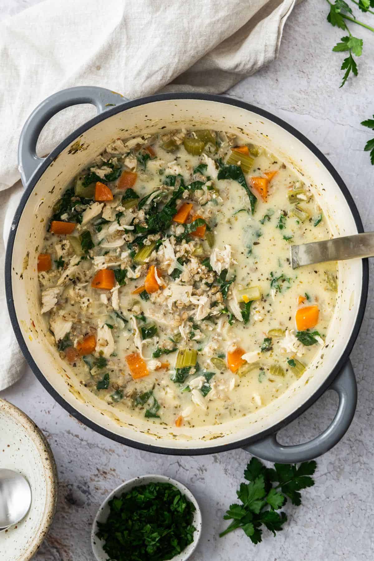 Pot of Creamy Chicken and Barley Soup, with a soup ladle resting in the post, and a white cloth on the edge.