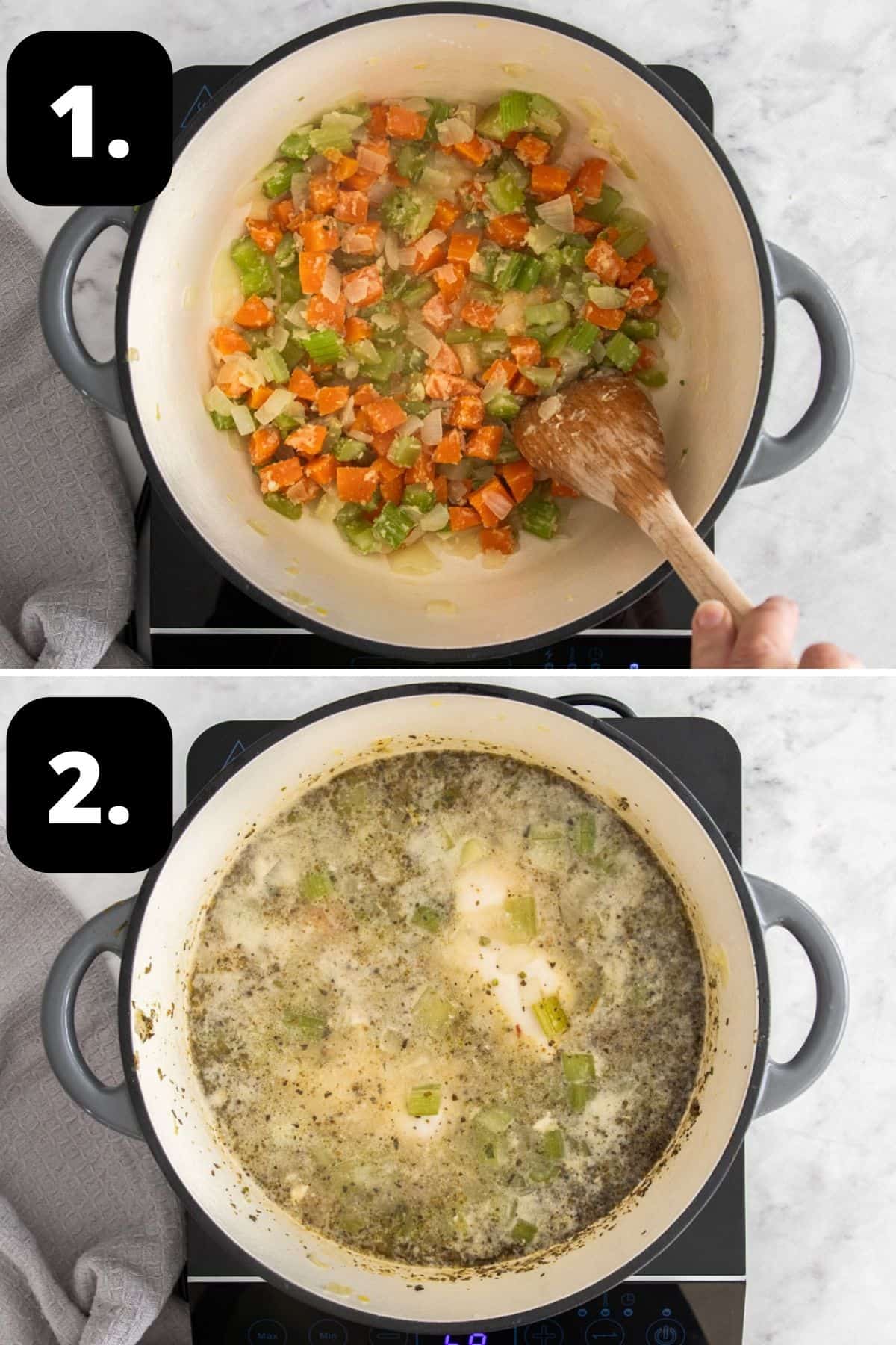 Steps 1-2 of preparing this recipe: sautéing the soffrito in a saucepan and cooking the chicken in the pot.