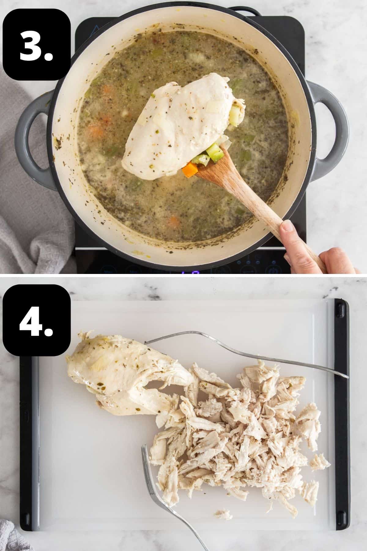 Steps 3-4 of preparing this recipe: removing the cooked chicken from the pot and shredding it with two forks.