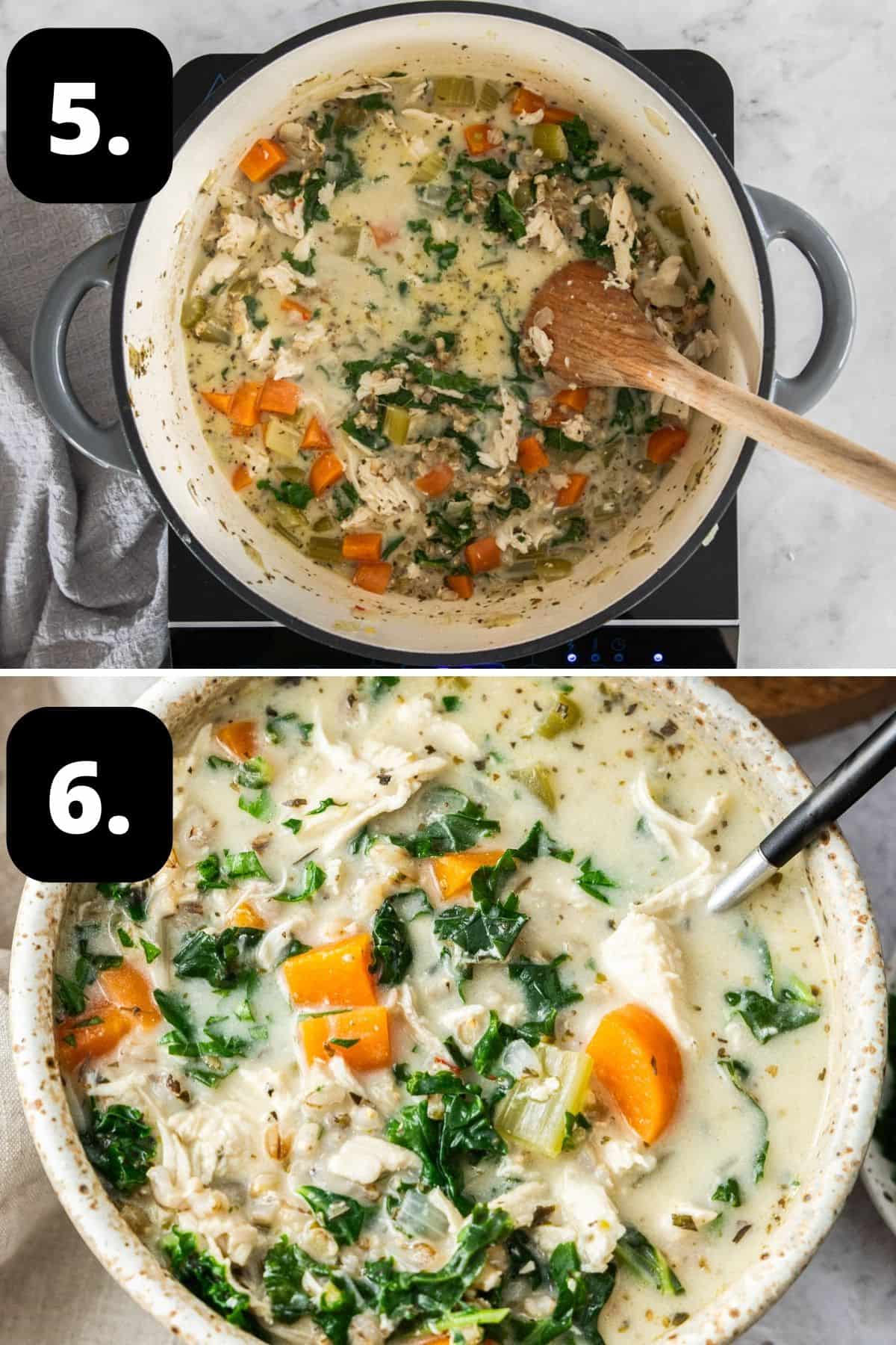 Steps 5-6 of preparing this recipe: the chicken and veg back in the soup pot and a serving of soup in a round bowl.