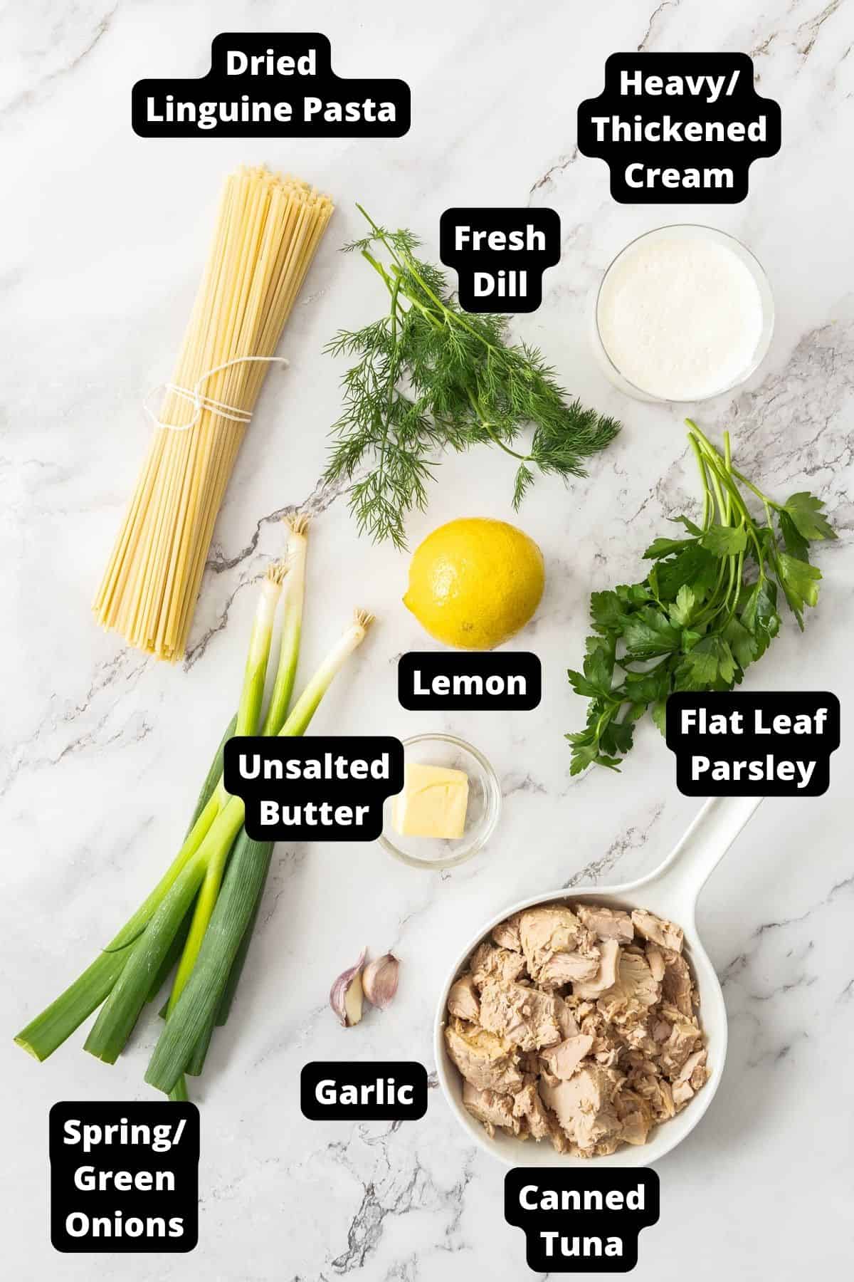 Ingredients in this recipe on a white marble background.