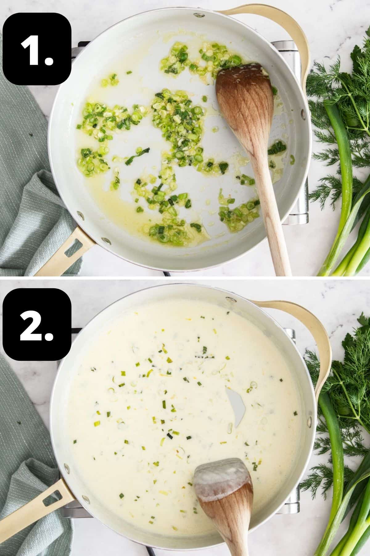 Steps 1-2 of preparing this recipe: sautéing the spring onions in a frying pan and stirring through the cream and lemon juice.