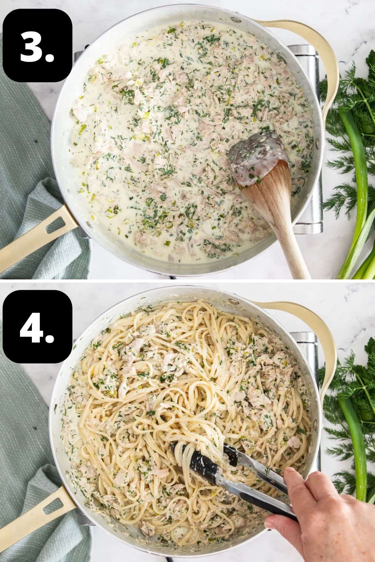 Steps 3-4 of preparing this recipe: stirring the tuna and herbs through the sauce and tossing through the pasta with some tongs.