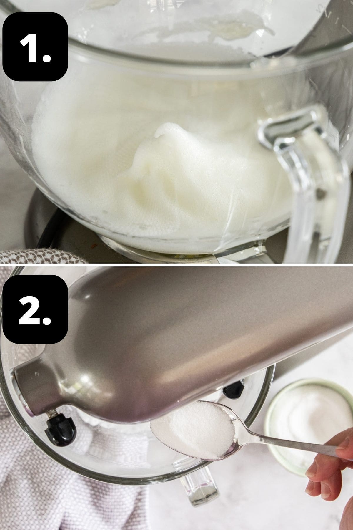 Steps 1-2 of preparing this recipe: whipped the egg whites in a stand mixer and gradually adding the sugar.