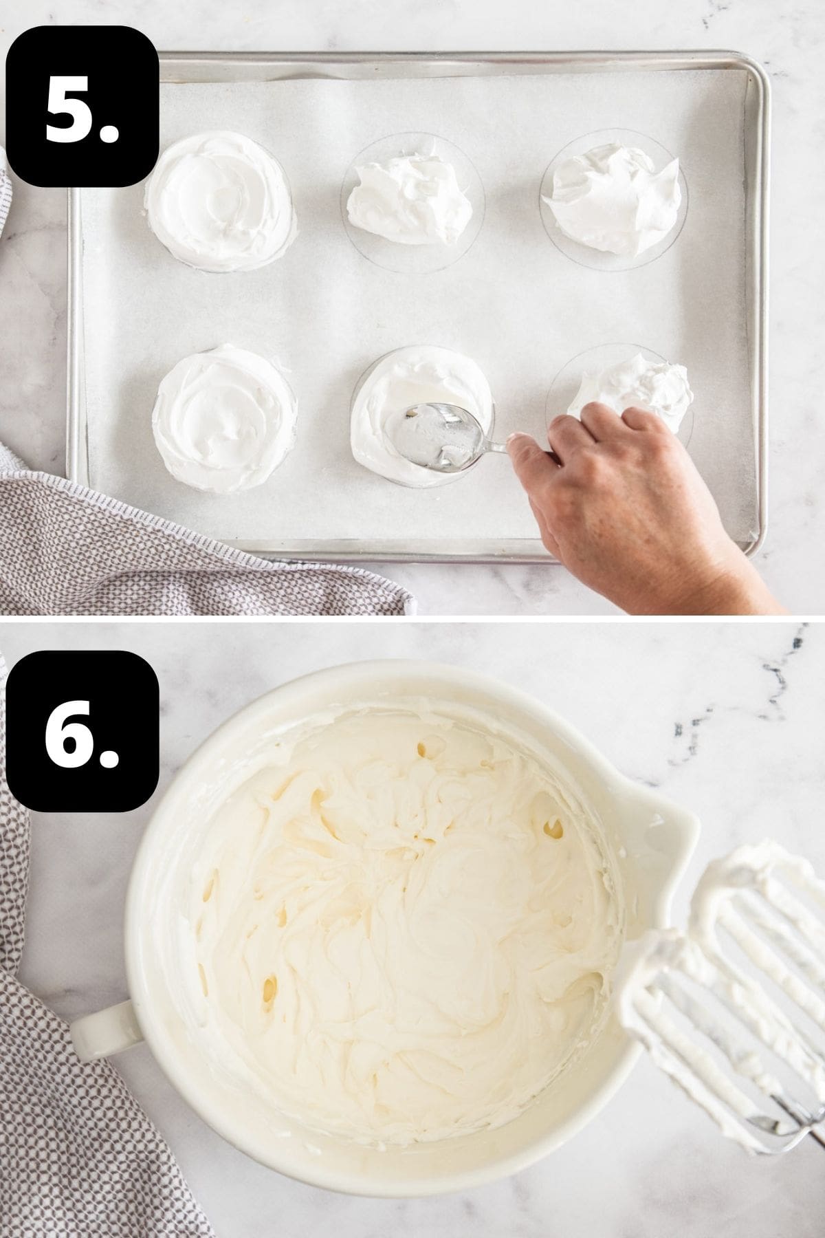 Step 5-6 of preparing this recipe: spooning the meringue onto the baking paper and whipping up some cream in a white bowl.