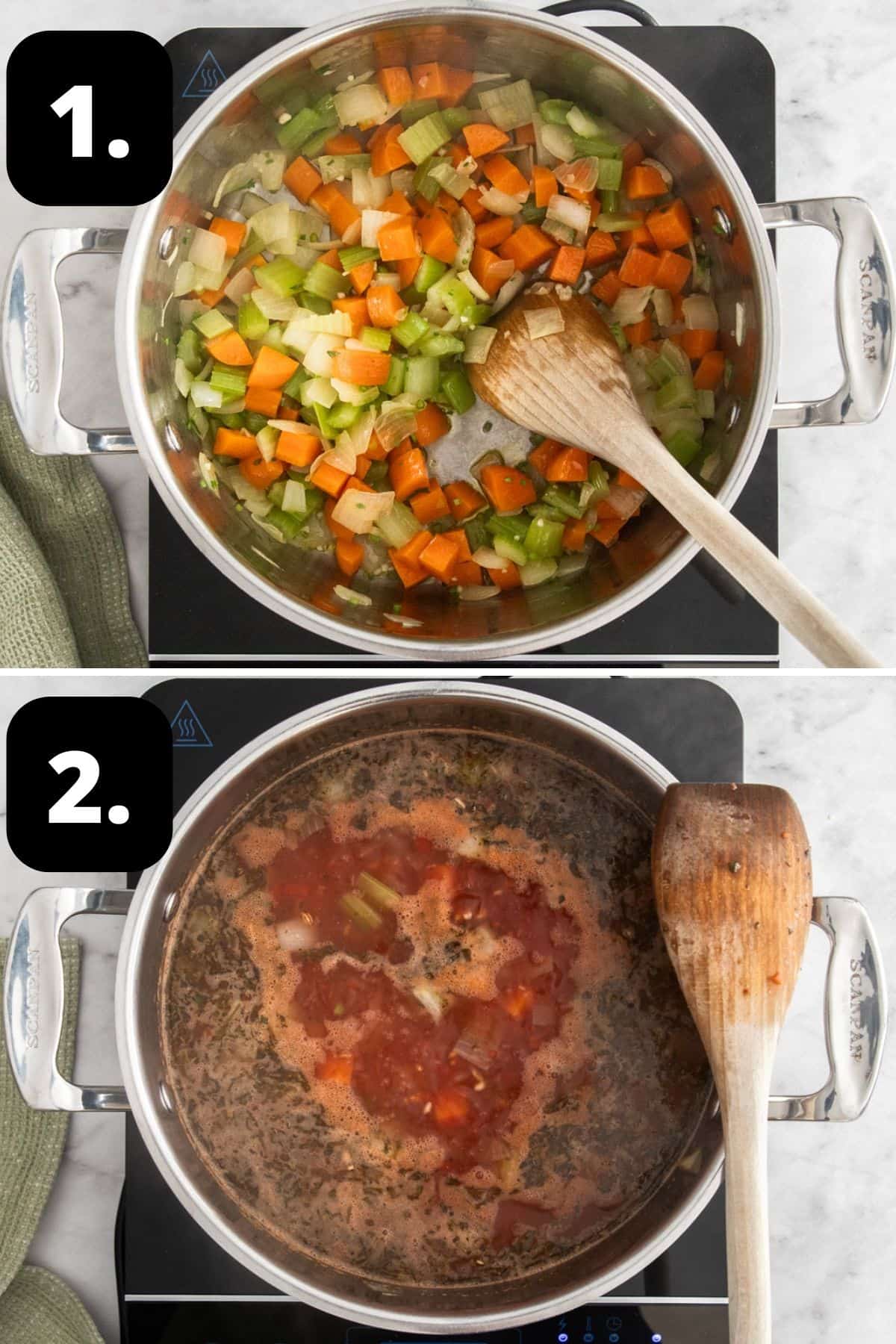 Steps 1-2 of preparing this recipe: sautéing the soffrito in a saucepan and the stock and tomato added to the pot.