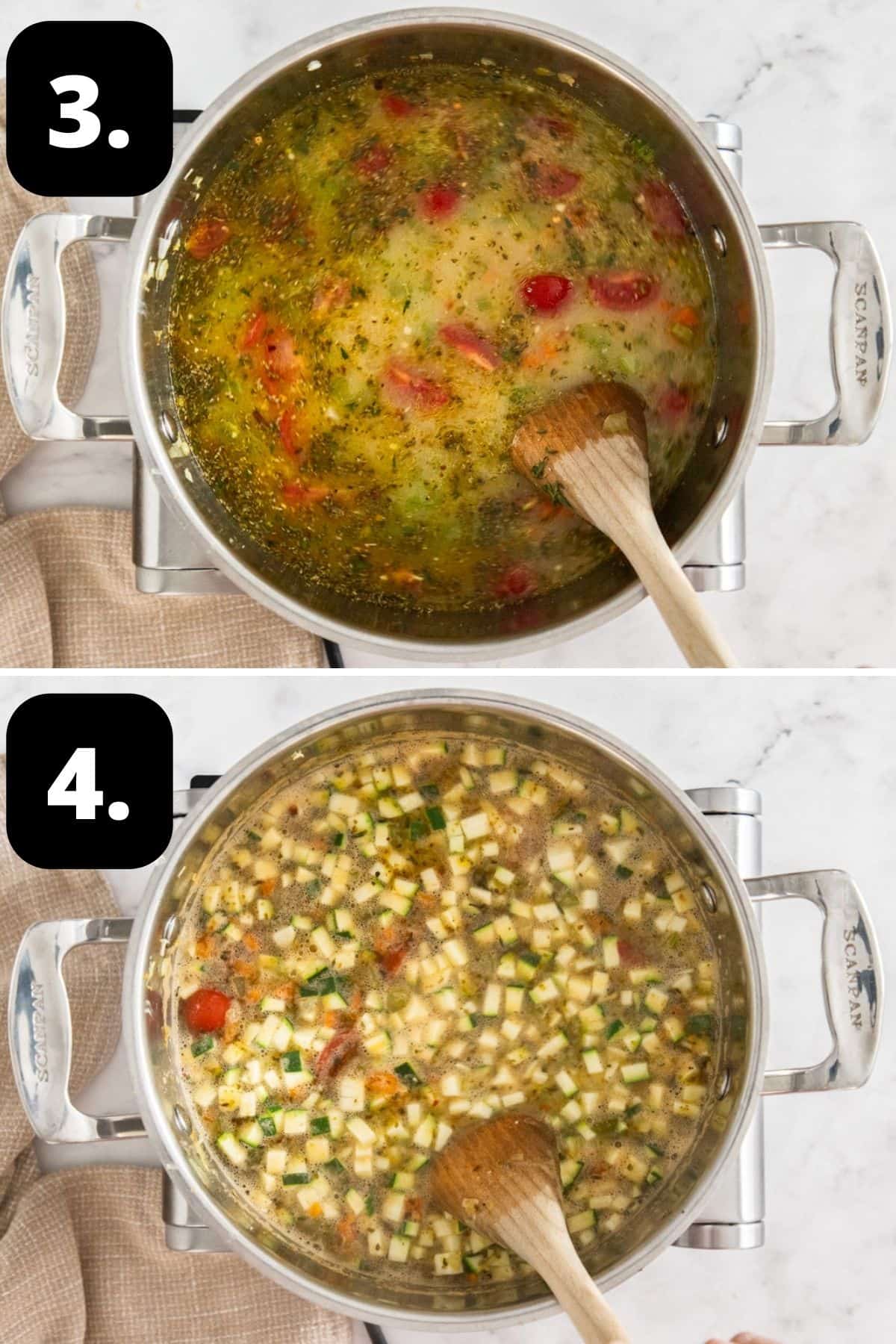 Steps 3-4 of preparing this recipe: the stock added to the soup and the remaining vegetables.