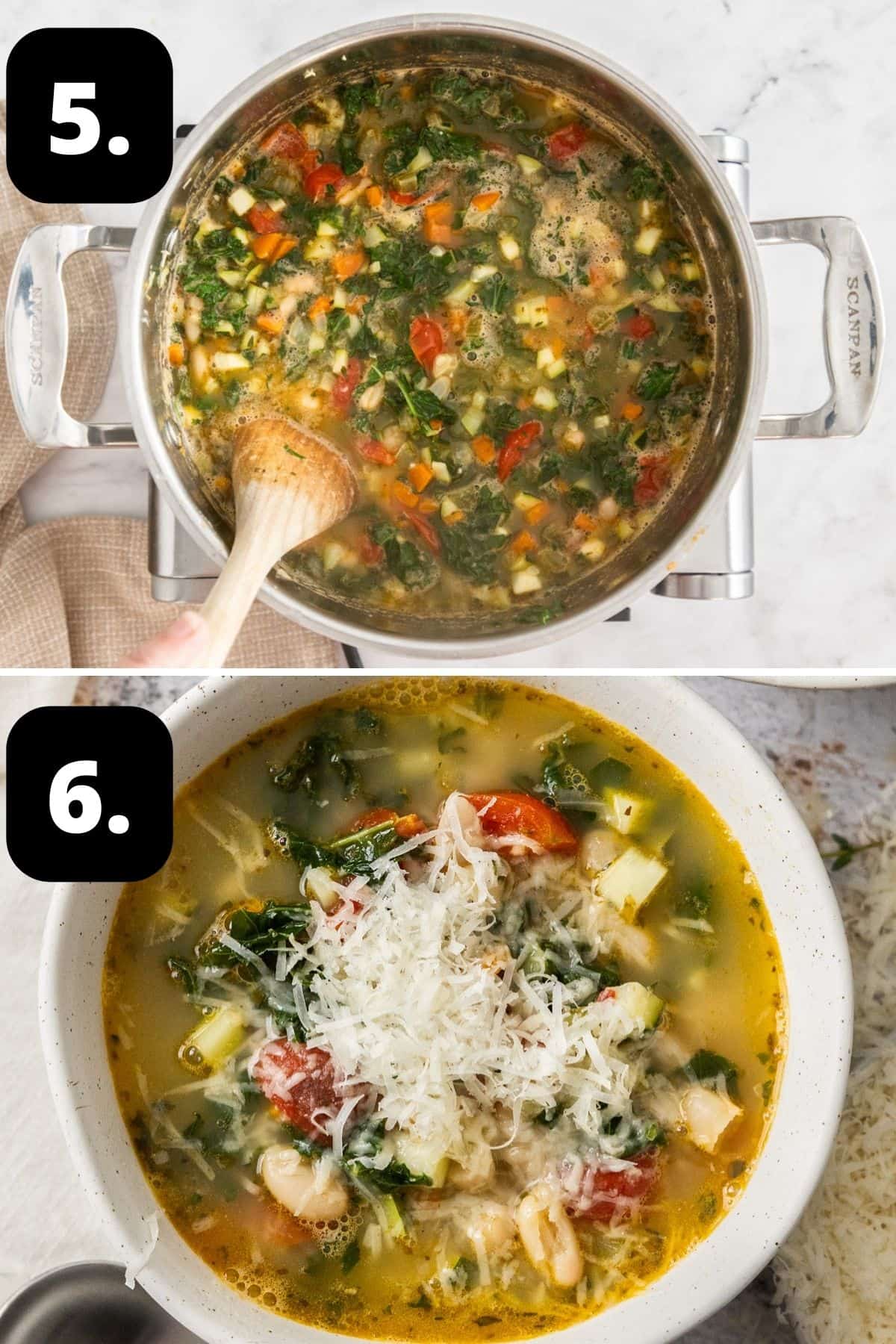 Steps 5-6 of preparing this recipe: the finish soup ready for serving and a bowl of soup topped with Parmesan.