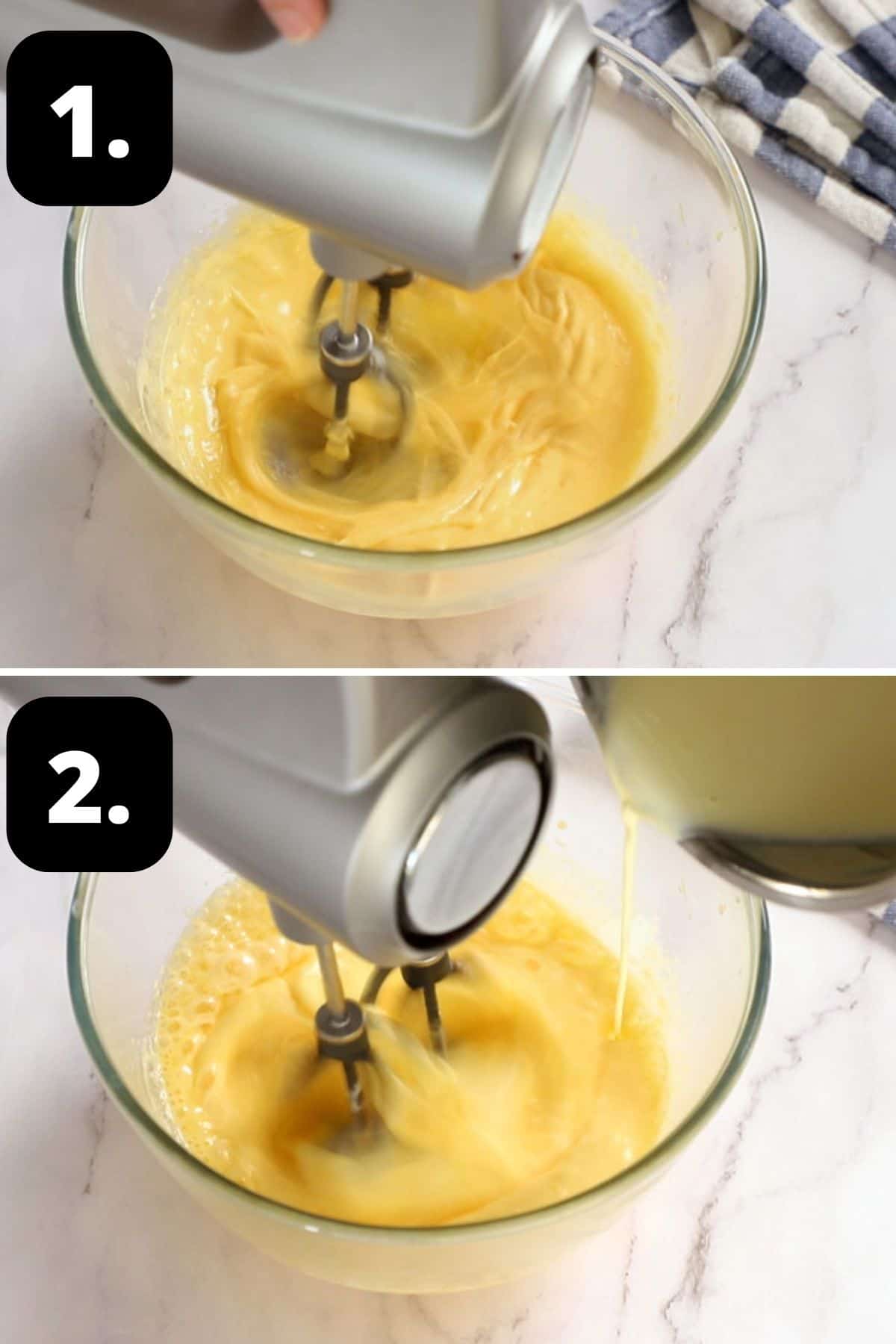 Steps 1-2 of preparing this recipe: whisking egg yolks and sugar in a bowl and pouring hot cream over the top of the mixture.