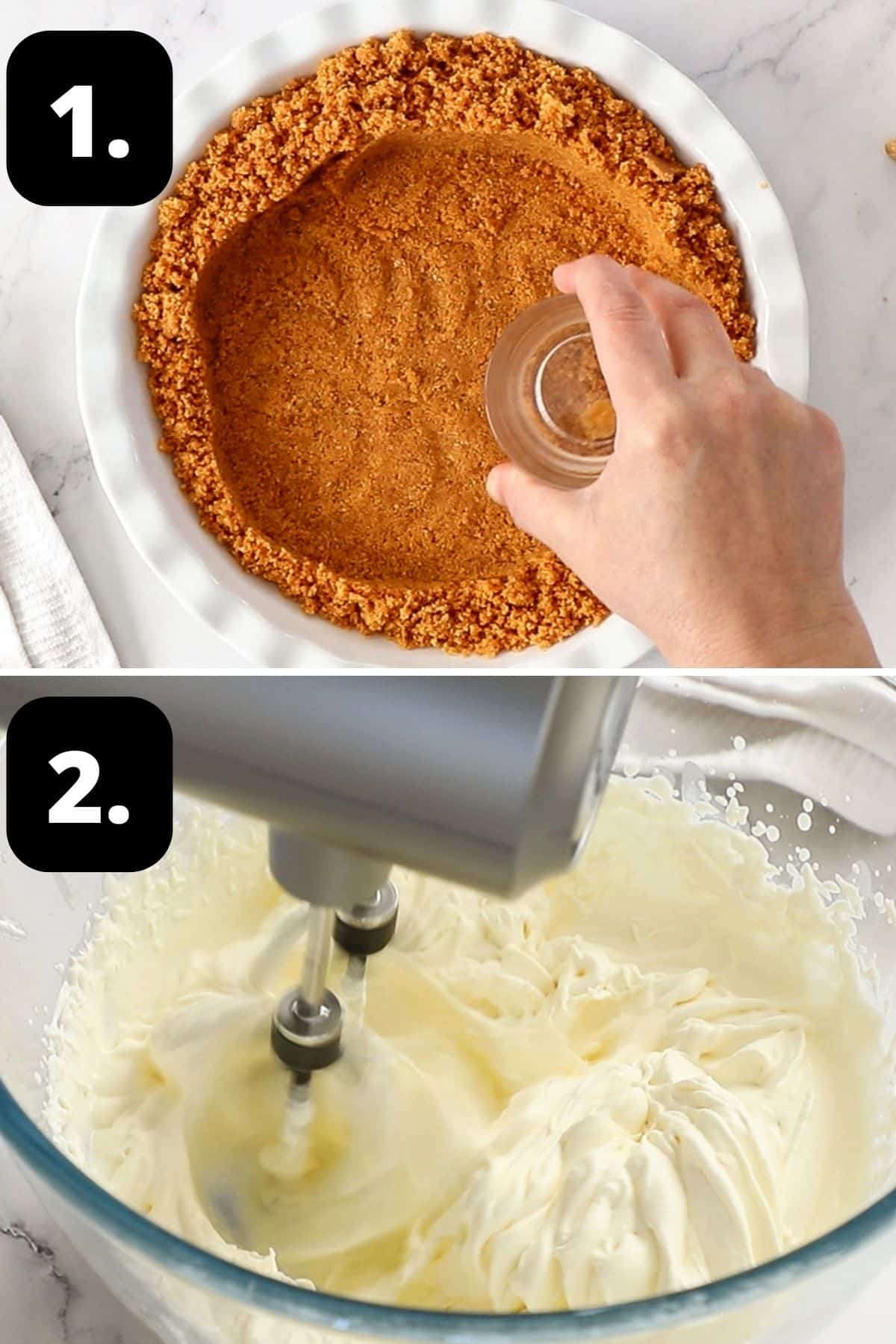 Steps 1-2 of preparing this recipe: pressing the cookie crumbs into place in the pie dish and whipping the cream.