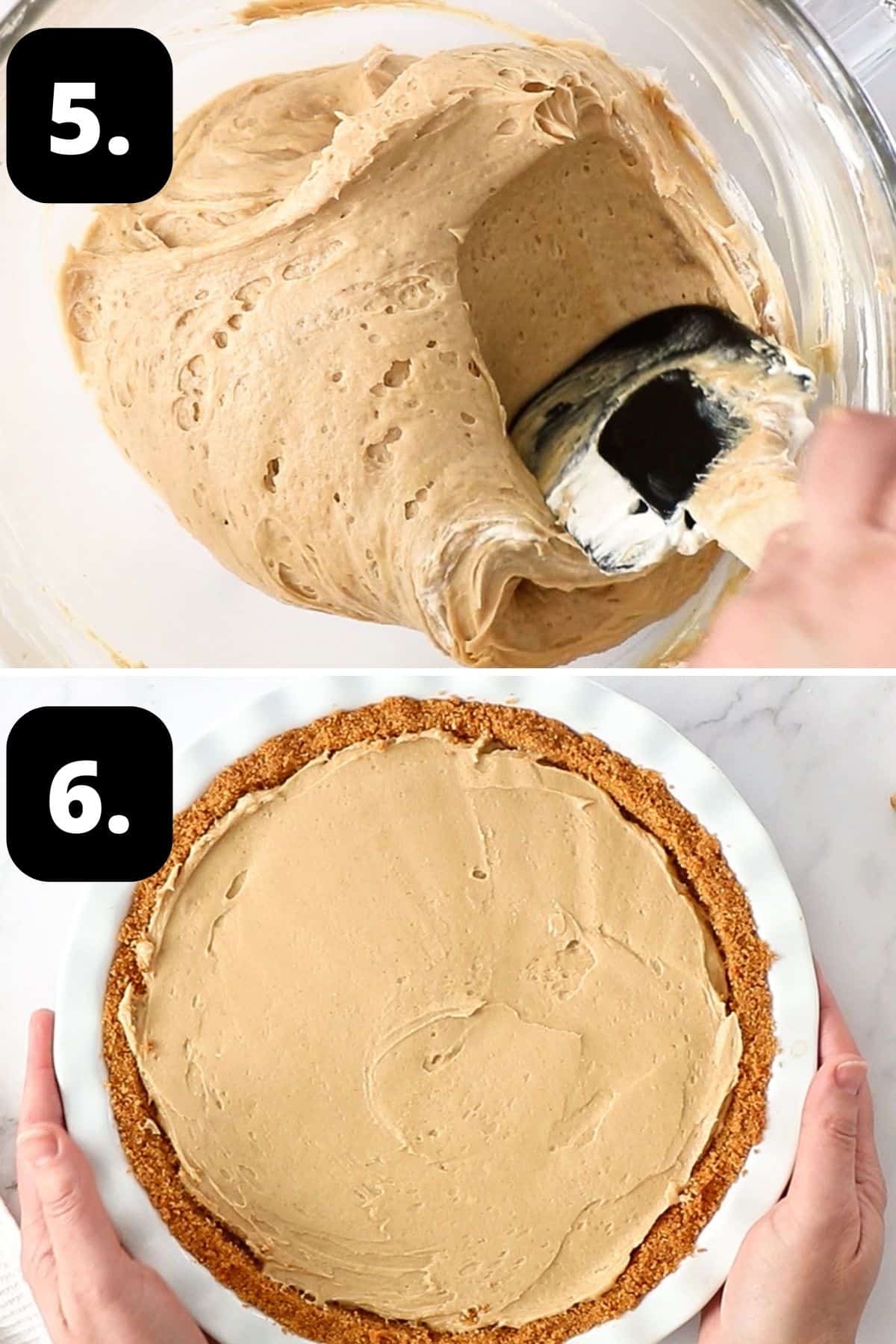 Steps 5-6 of preparing this recipe: the filling once combined and the filling in the pie crust ready for chilling.