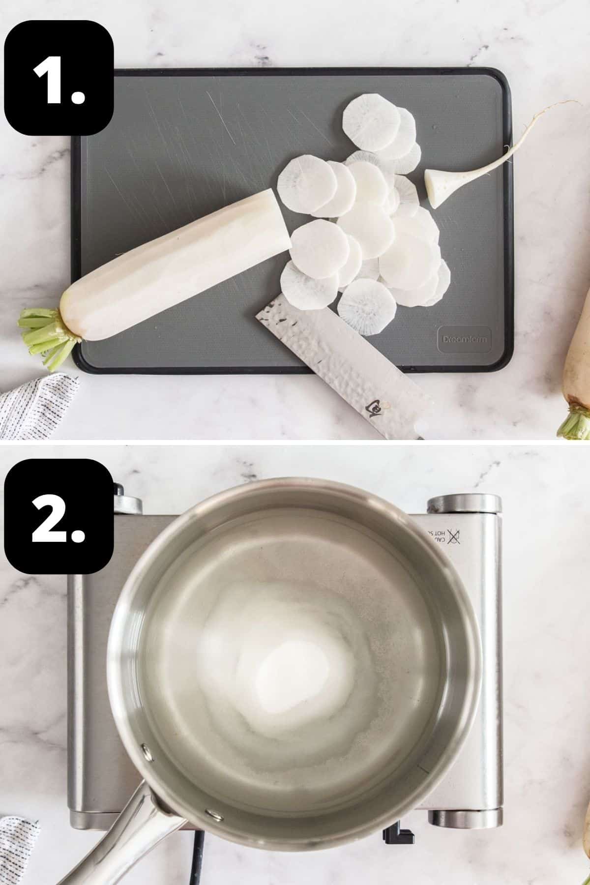 Steps 1-2 of preparing this recipe: slicing the daikon on a chopping board and preparing the pickling liquid in a saucepan.