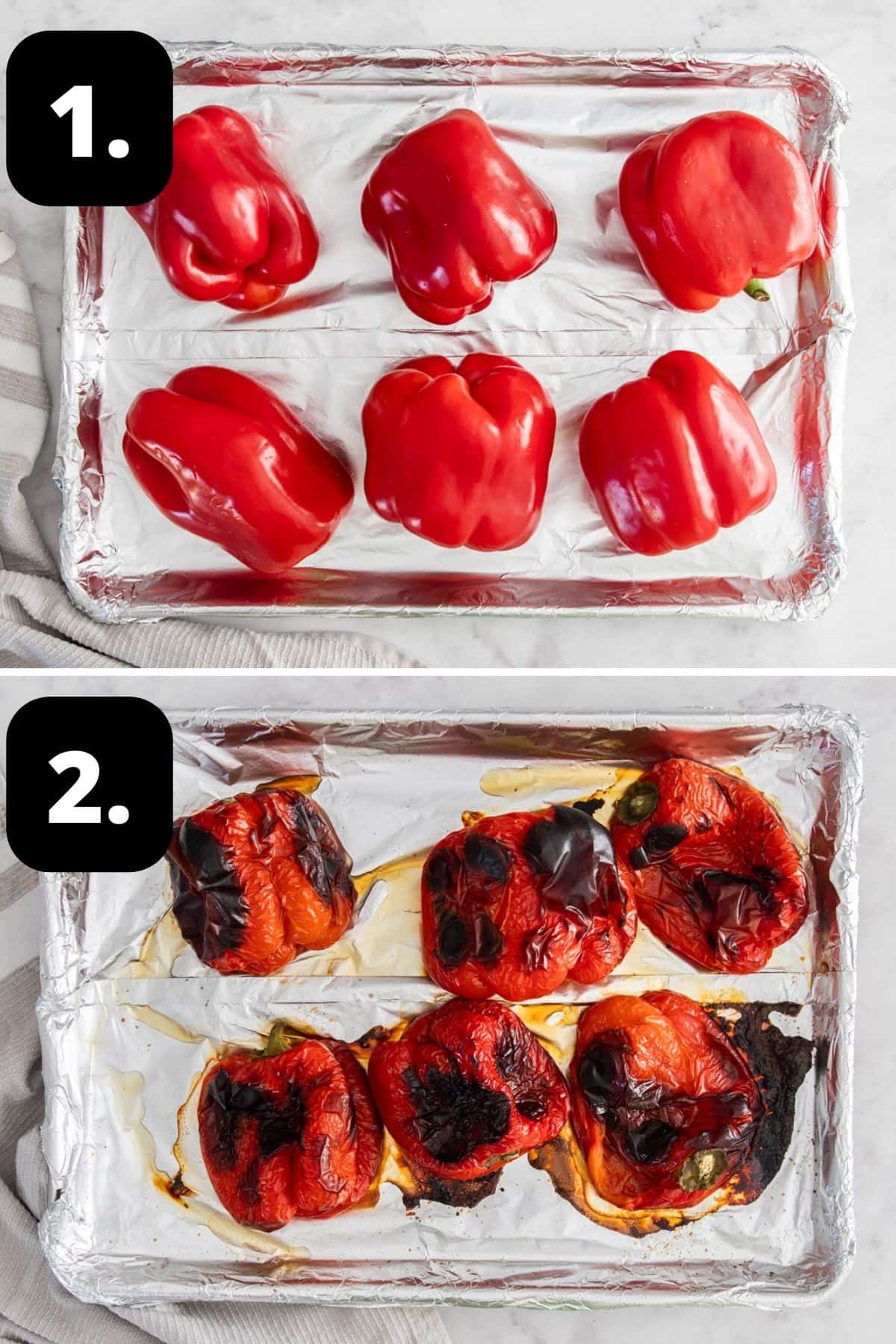 Steps 1-2 of preparing this recipe: the peppers on a foil lined baking tray and the peppers after being roasted.