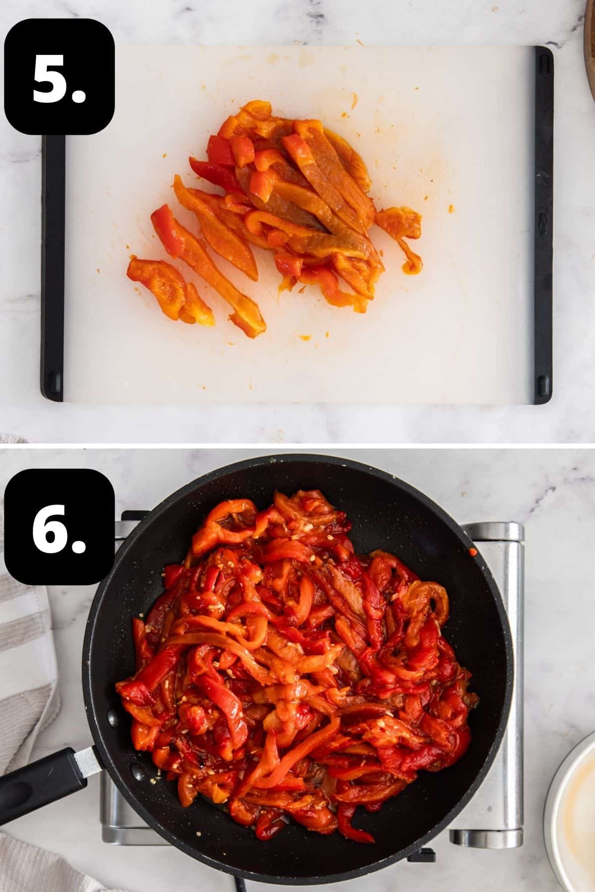 Steps 5-6 of preparing this recipe: cutting the peppers into strips and tossing with oil and garlic in a frying pan.